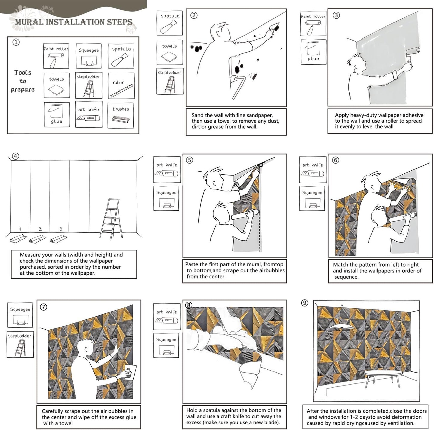 AFZEVEB-3D Geometric Wall Mural Gray and Gold Wallpaper for Bedroom 114"x74"(Not Peel and Stick)