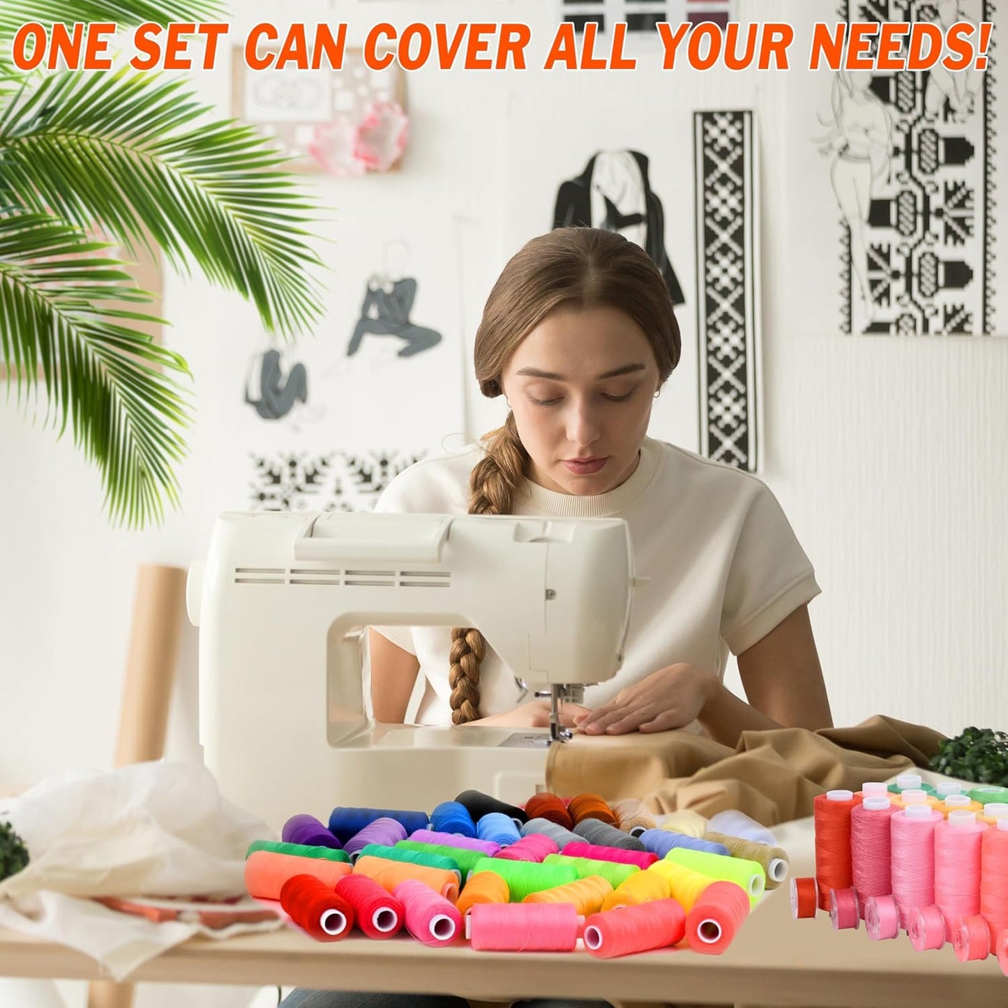 125 Pcs Sewing Thread Kit, 36 Assorted Colors Machine Threads with Spools, 400 Yards Prewound Bobbins Set with 50 Machine Needles (70/9, 75/11, 90/14, 100/16 110/18) for Universal Sewing Machines Use