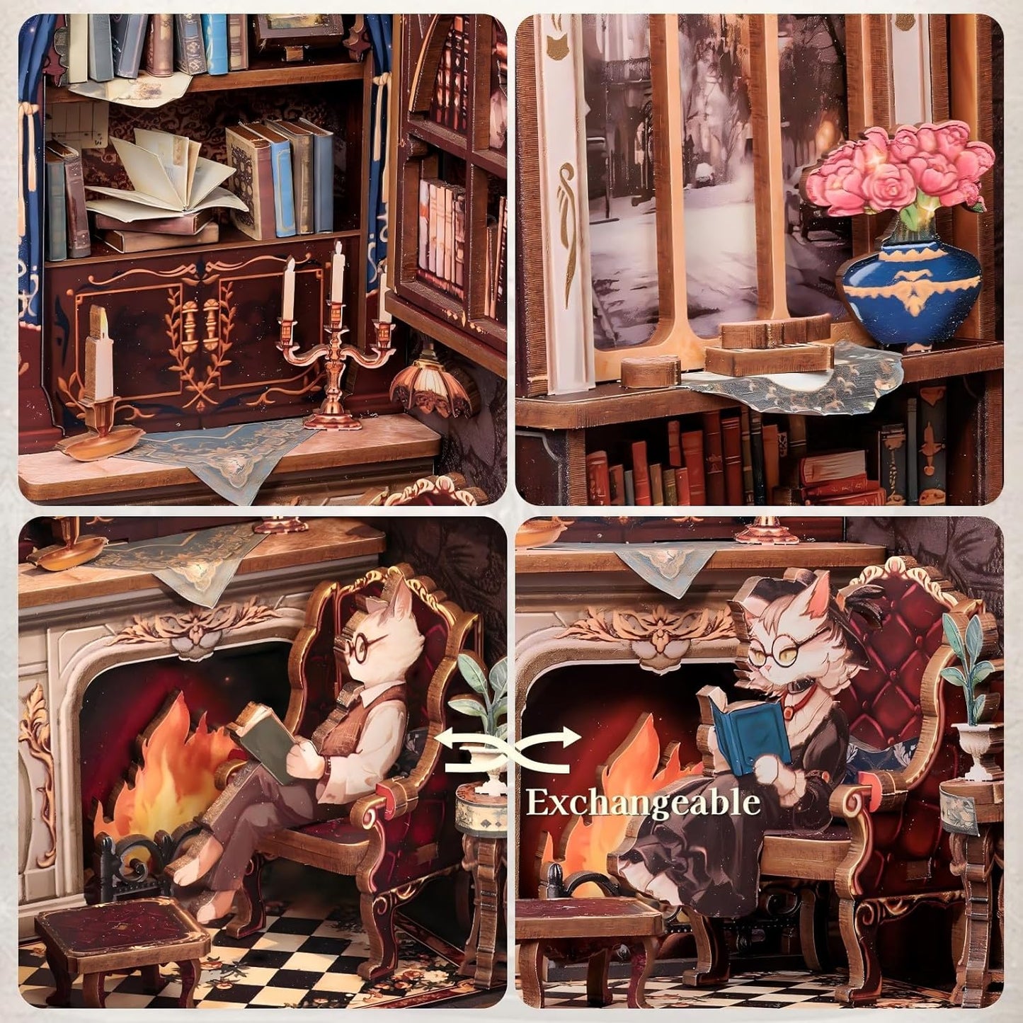 Fsolis Book Nook Kit DIY Scene Miniature Dollhouse Kit, 3D Puzzles for Adults, 108 Wooden Pieces, Bookshelf Decor Tiny House Mini Booknook Craft, Gift for Women Scale Model Lovers (Count Cat's Study)