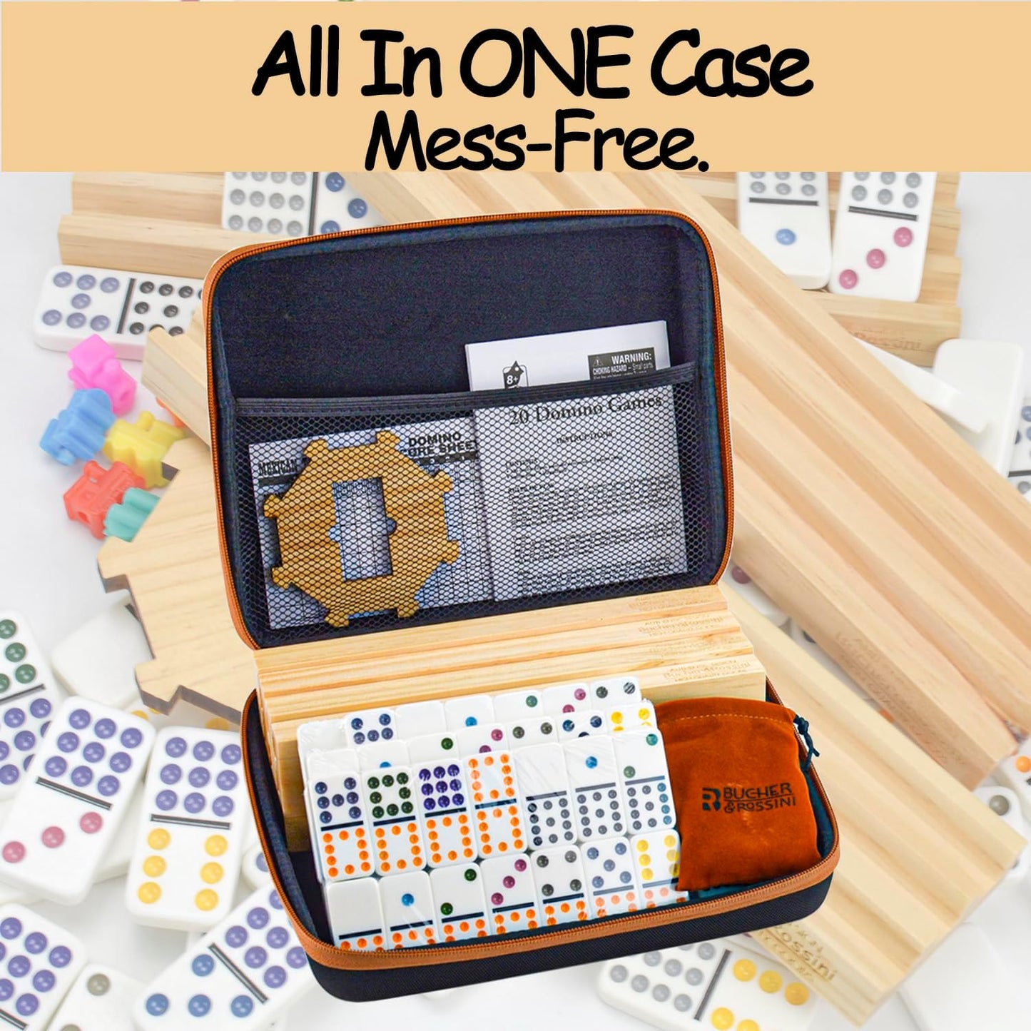 Bucher&Rossini Dominoes Set Double 12 with 4 Racks for Adults Kids, Mexican Train Dominoes Set Double 12, Mexican Train Dominoes (Double 12)