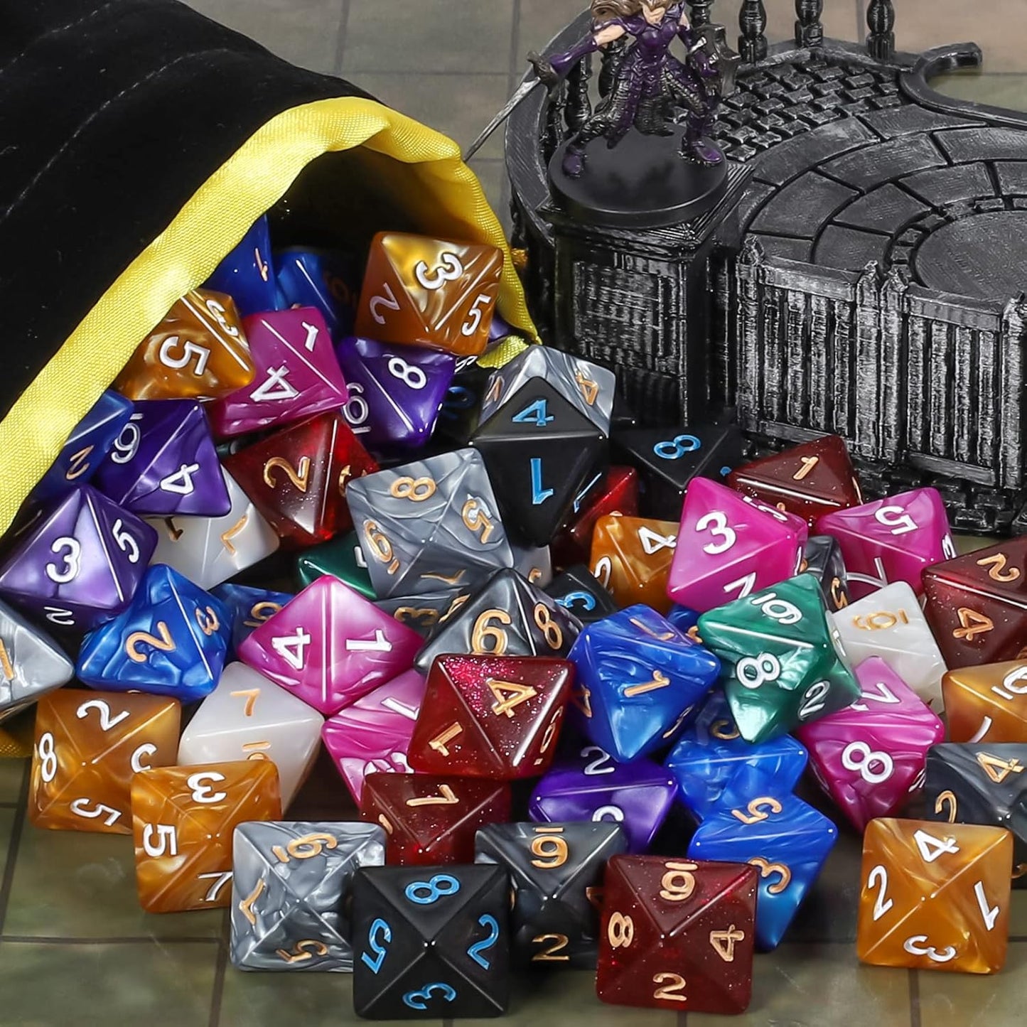 CiaraQ DND Polyhedral Dice (100pcs) with A Dice Bag Compatible with Dungeons and Dragons DND RPG MTG Role Playing Table Games (D8 dice, 10 colors-100 pcs)