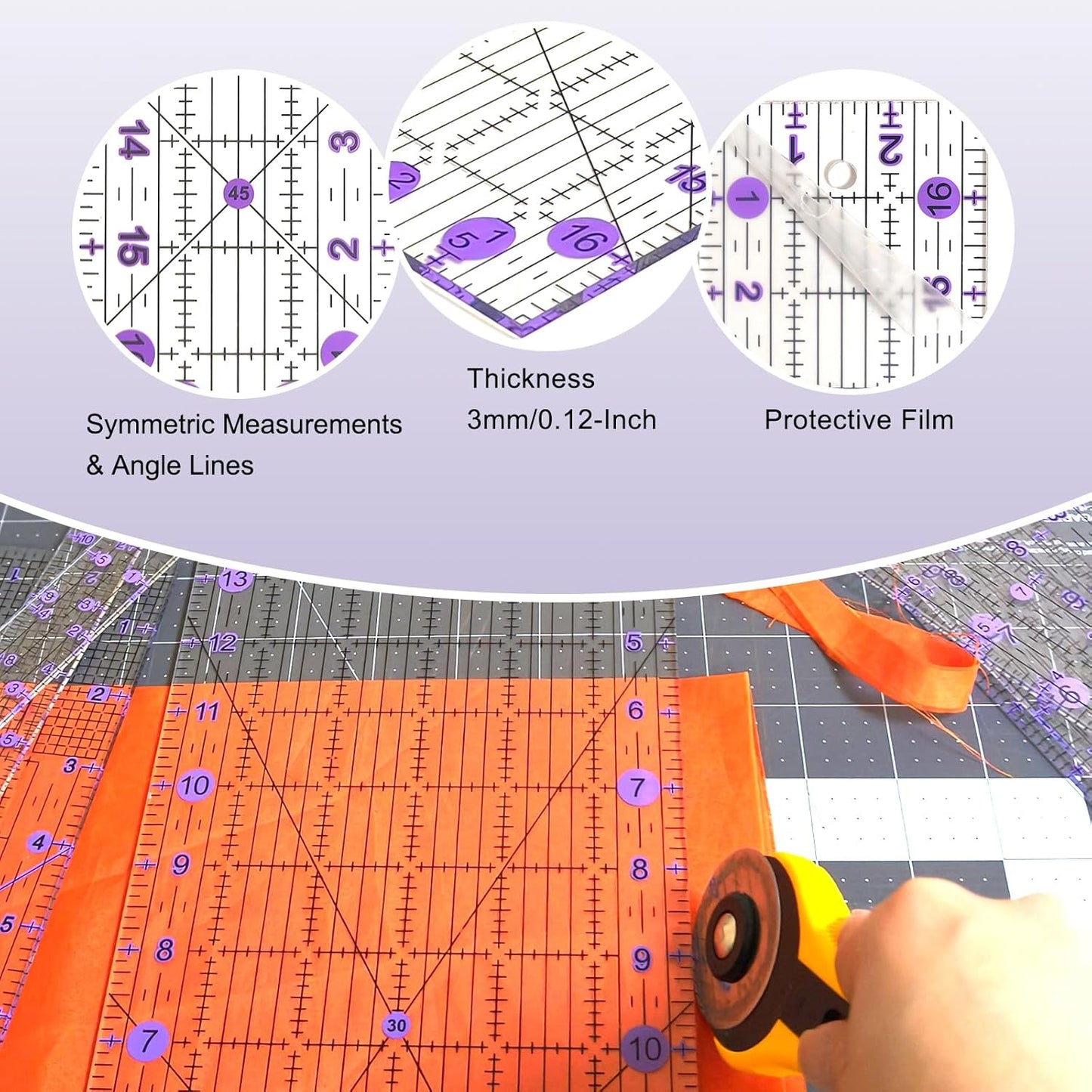 Quilting Ruler, 8 Piece Acrylic Quilting Templates, Sewing Ruler, Fabric Cutting Ruler with Non-Slip Rings, Quilting and Sewing (6"x17", 3"x17", 2"x16", 1.5"x12", 1"x12", 1"x6", 8"x3") (Purple)
