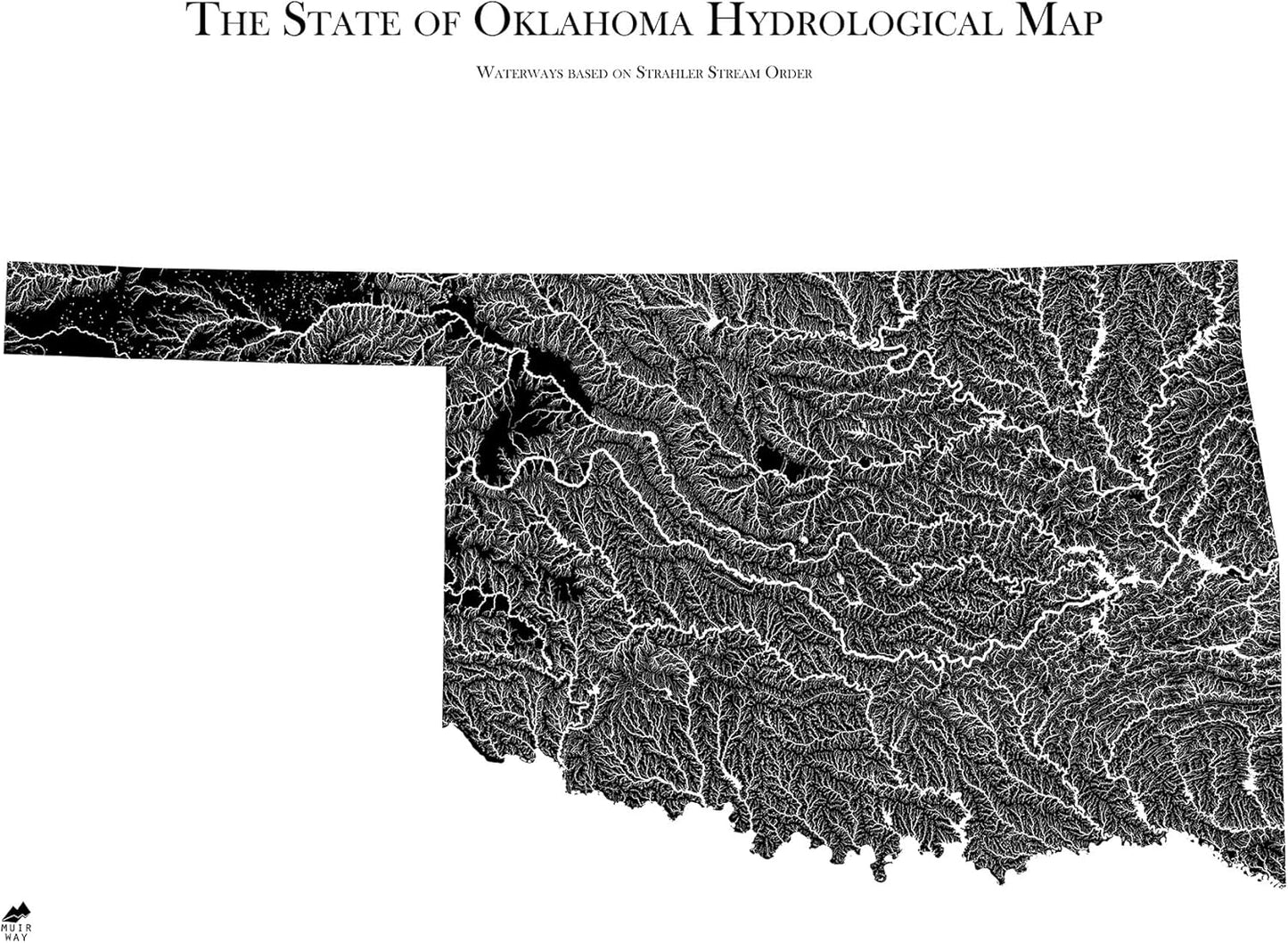 Muir Way Hydrological River Map of Oklahoma - Watershed Topographic Wall Art for Home, Office, or Travel Decor - Unframed Flat Paper Print, 18x24