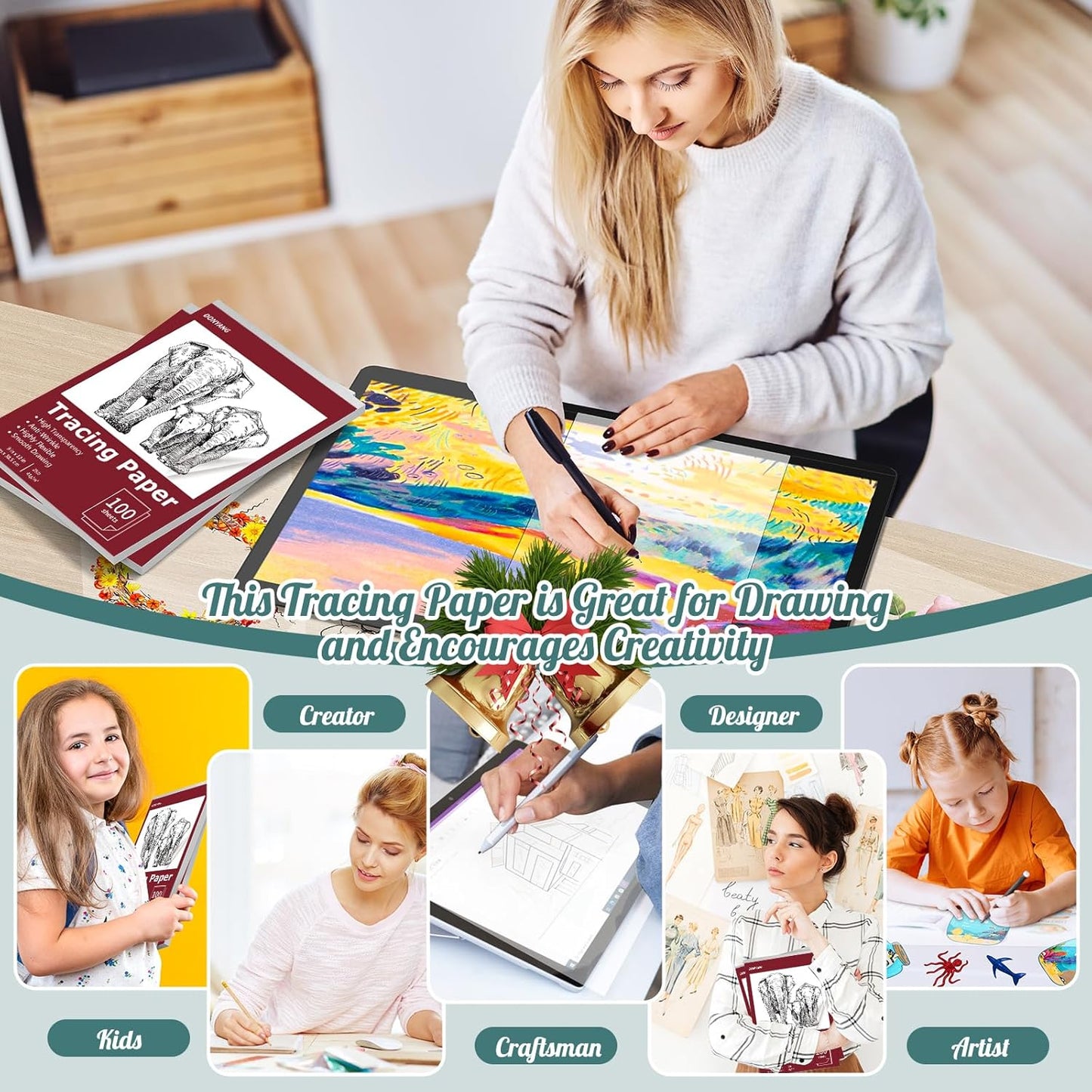 Tracing Paper 9x12 inch, 100 Sheets Transparent Vellum Paper for Tracing Pads, Translucent Tracing Paper for Pencil, Marker and Ink - Trace Images, Sketch, Preliminary Drawing, Overlays, Red