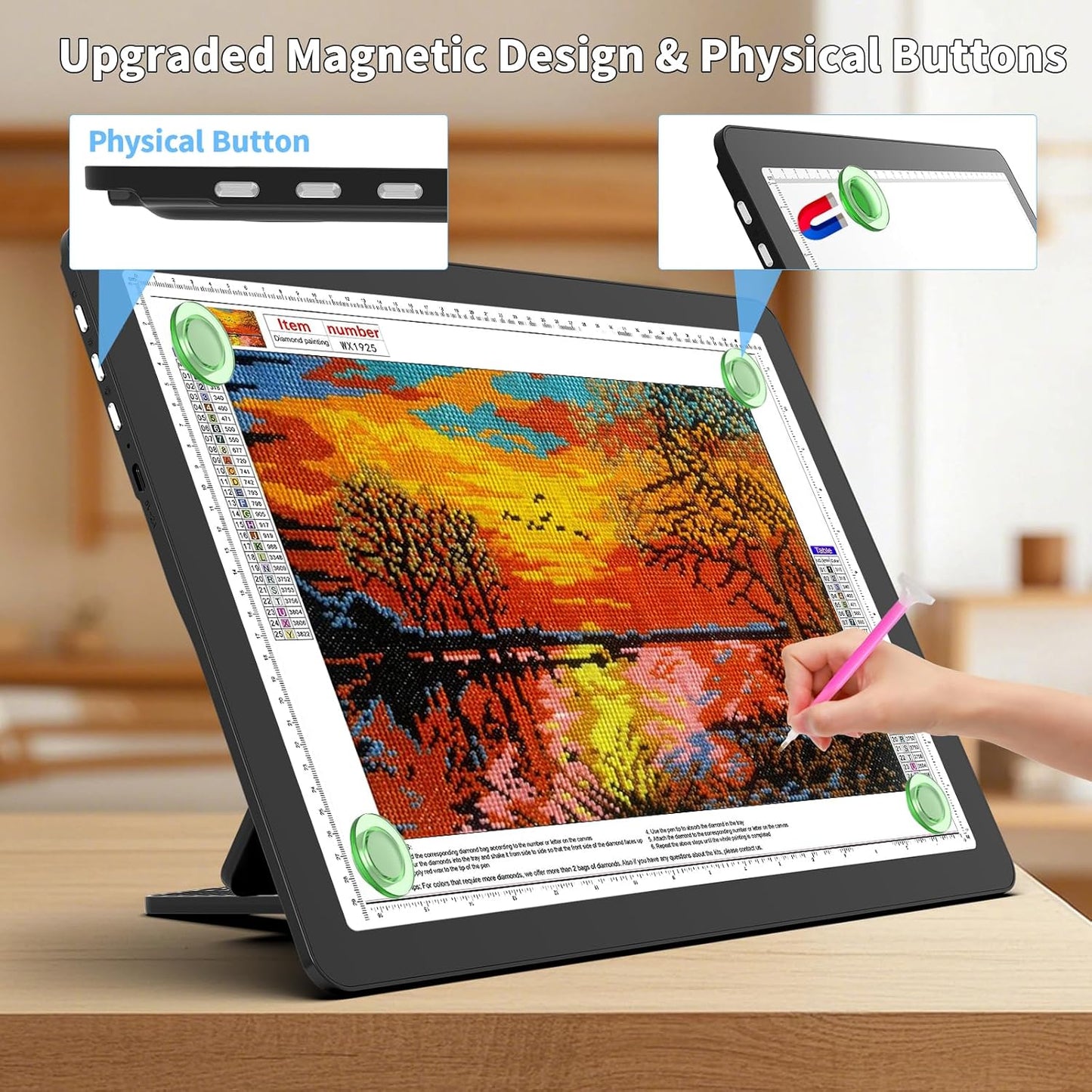 TOHETO Rechargeable A3 Light Board with Stand, Super Bright Magnetic Light Pad with Side Buttons, Wireless Light Box for Tracing and Drawing, Cordless LED Light Table for Diamond Painting, Sketching