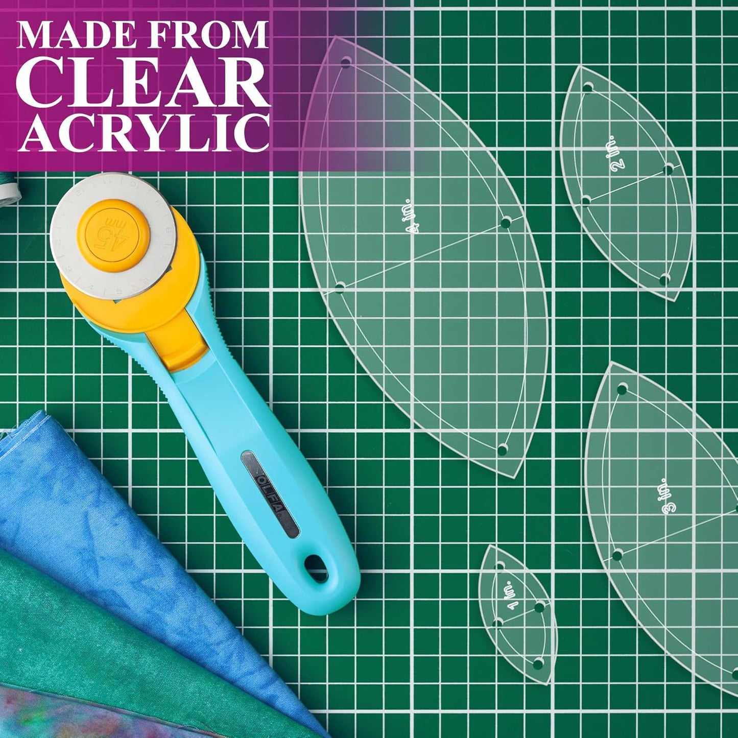 Orange Peel Leaf Quilting Template Set | Essential Quilting Supplies for Leaf-Shaped Designs | Includes Sizes 4", 3", 2", 1" | 1/8 Clear Acrylic | Features 1/4" Seam Allowance