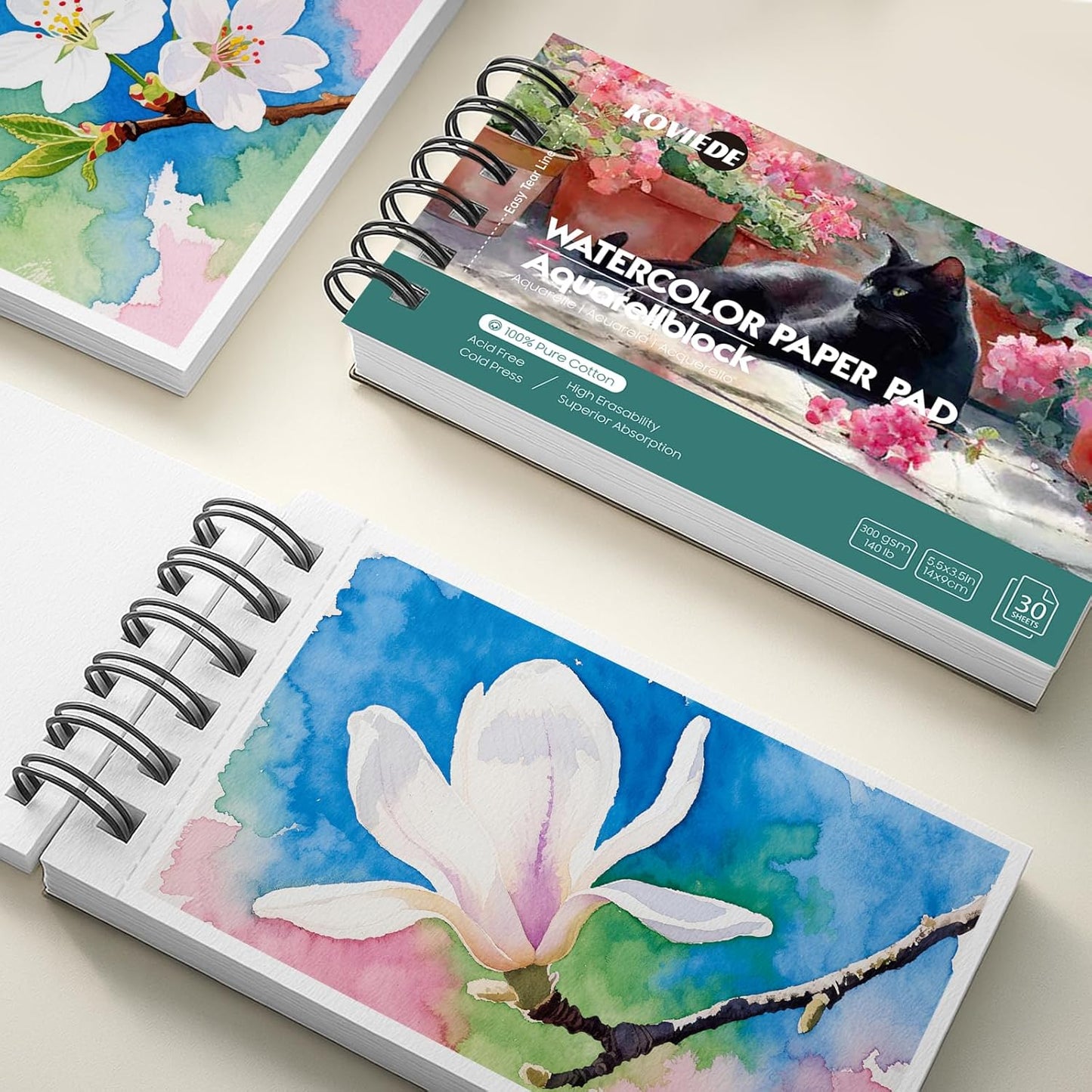 KOVIEDE 100% Cotton Watercolor Paper Pad - 30 Sheets 3.5"x5.5" Spiral Bound 140lb/300gsm Cold Press Watercolor Sketchbook, Artist Quality Art Journal Supplies for Adults, Kids & Beginners
