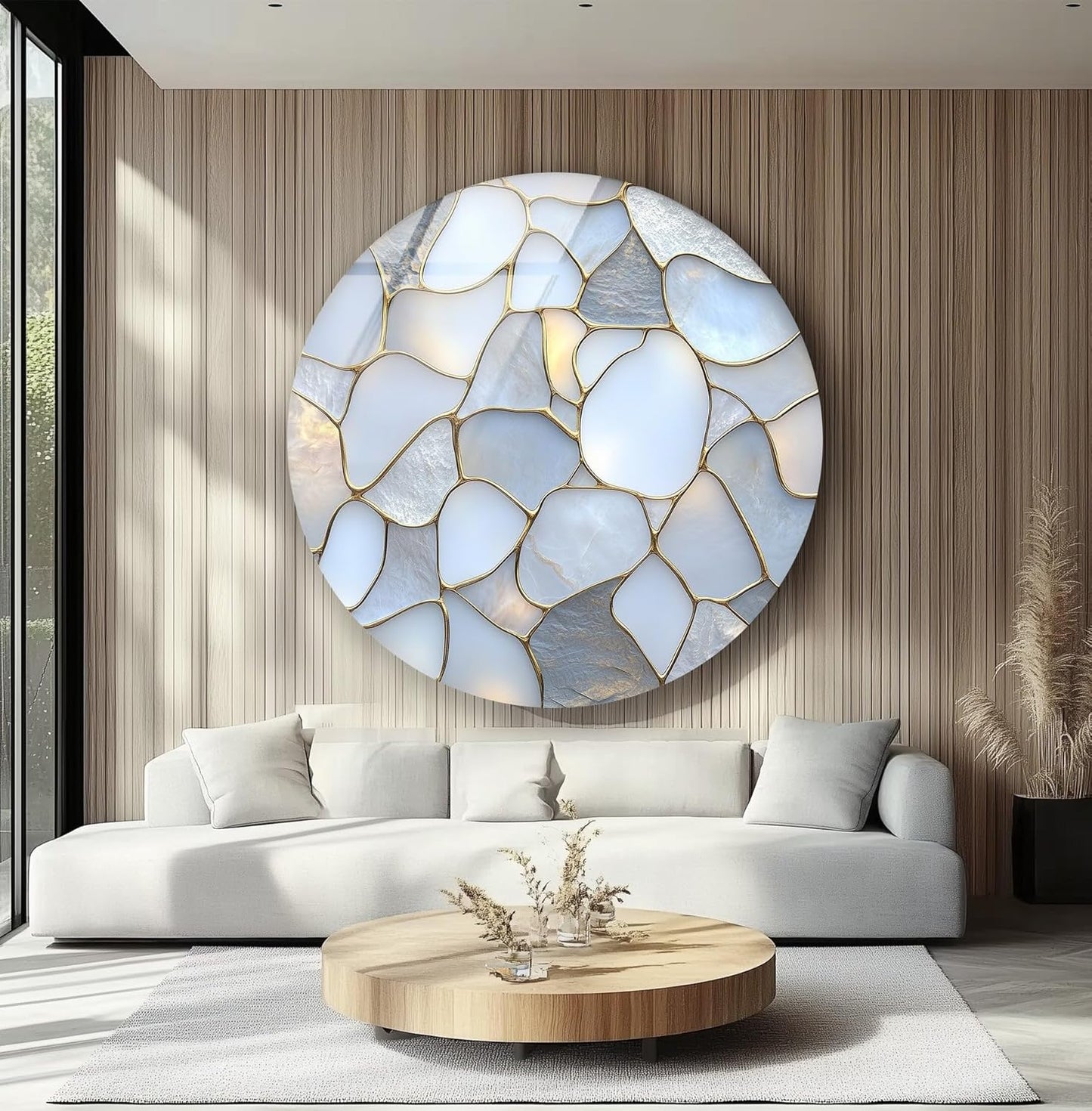 My Photostation.com 20''(50cm) Diameter White Stone Mosaic Round Glass Wall Art Tempered Glass Printing Wall Decor Large Wall Art Wall Hangings