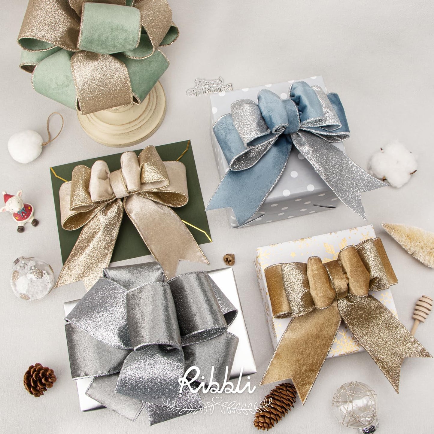 Ribbli Light Champagne Velvet Wired Ribbon 2.5 Inch Ivory Velvet with Champagne Glitter Christmas Ribbon for Christmas Tree Decoration Big Bow Gift Wrapping Crafts Wreaths Supplies- 10 Yards