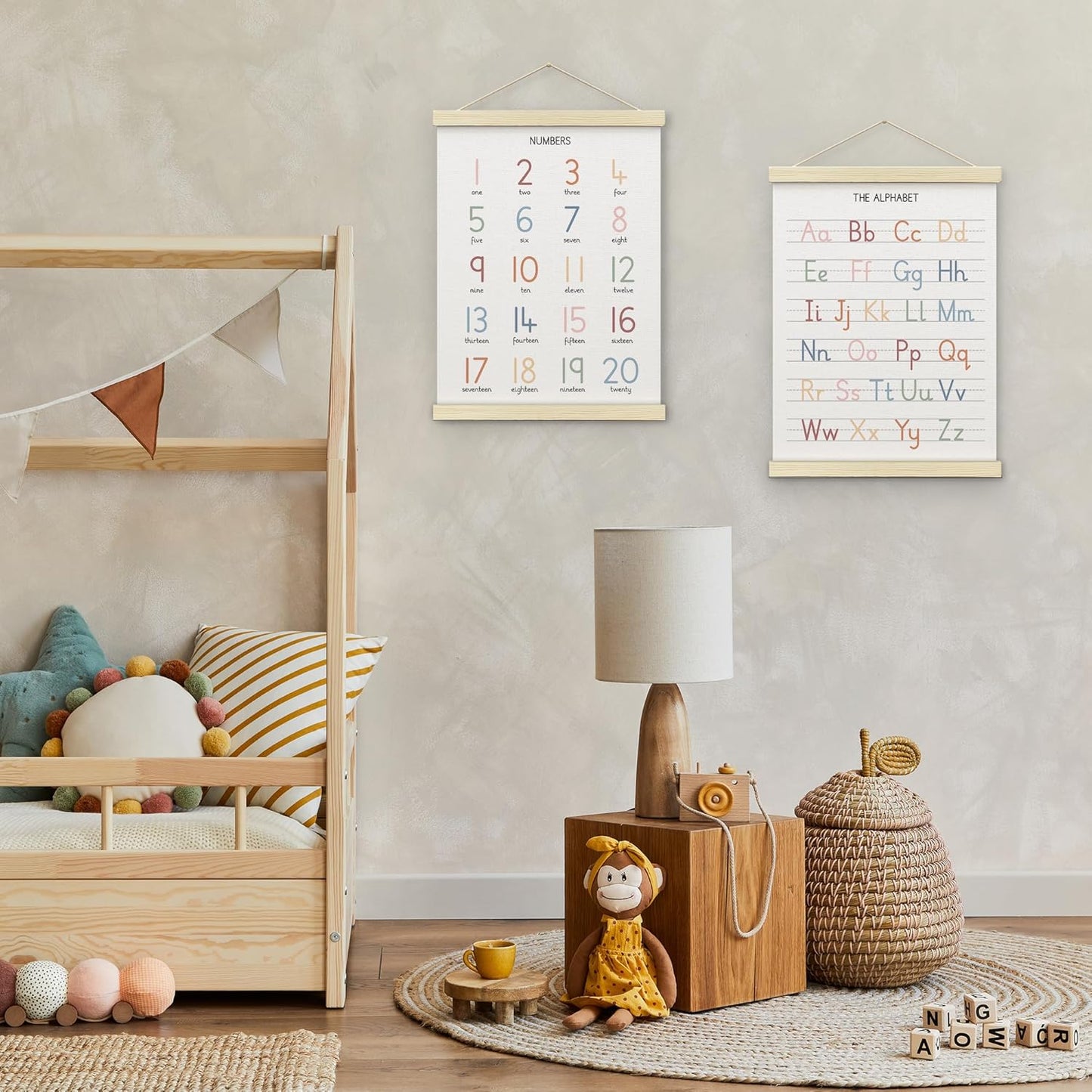 BONETAT Numbers alphabet poster for Nursery Toddlers,Correct Letter Formation on Line Paper, Play Room Wall Decor,ABC Wall Chart,Preschool Homeschool Decor Kids Wall Decor,Wooden Alphabet Banner-A04