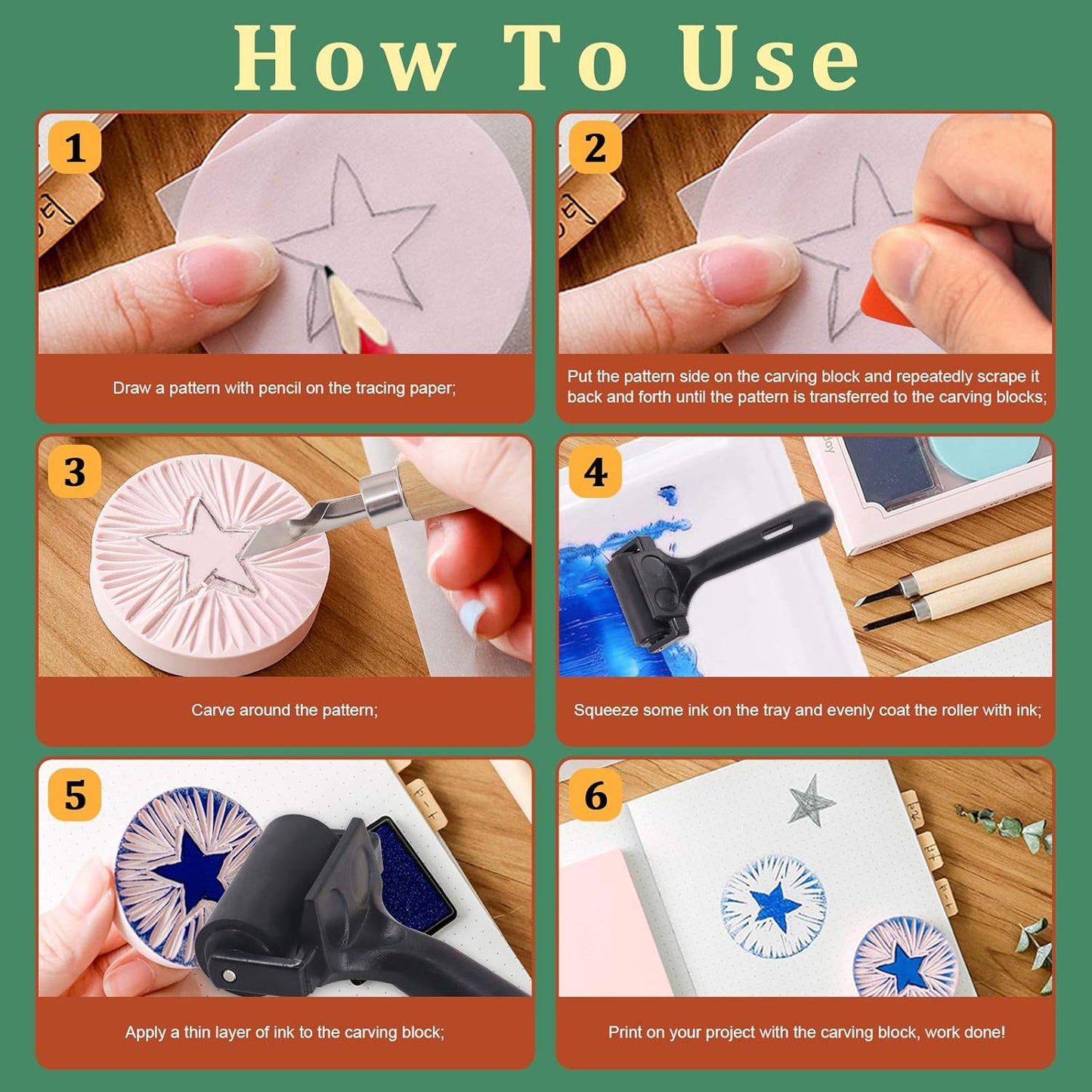 Keadic 12Pcs Soft Rubber Carving Blocks Kit, Comes with Linoleum Cutter Tools & 2 Inches Rubber Roller Brayer Rollers Glue Roller for Ink Paint Block Stamping, Printmaking Wallpaper and Arts & Crafts