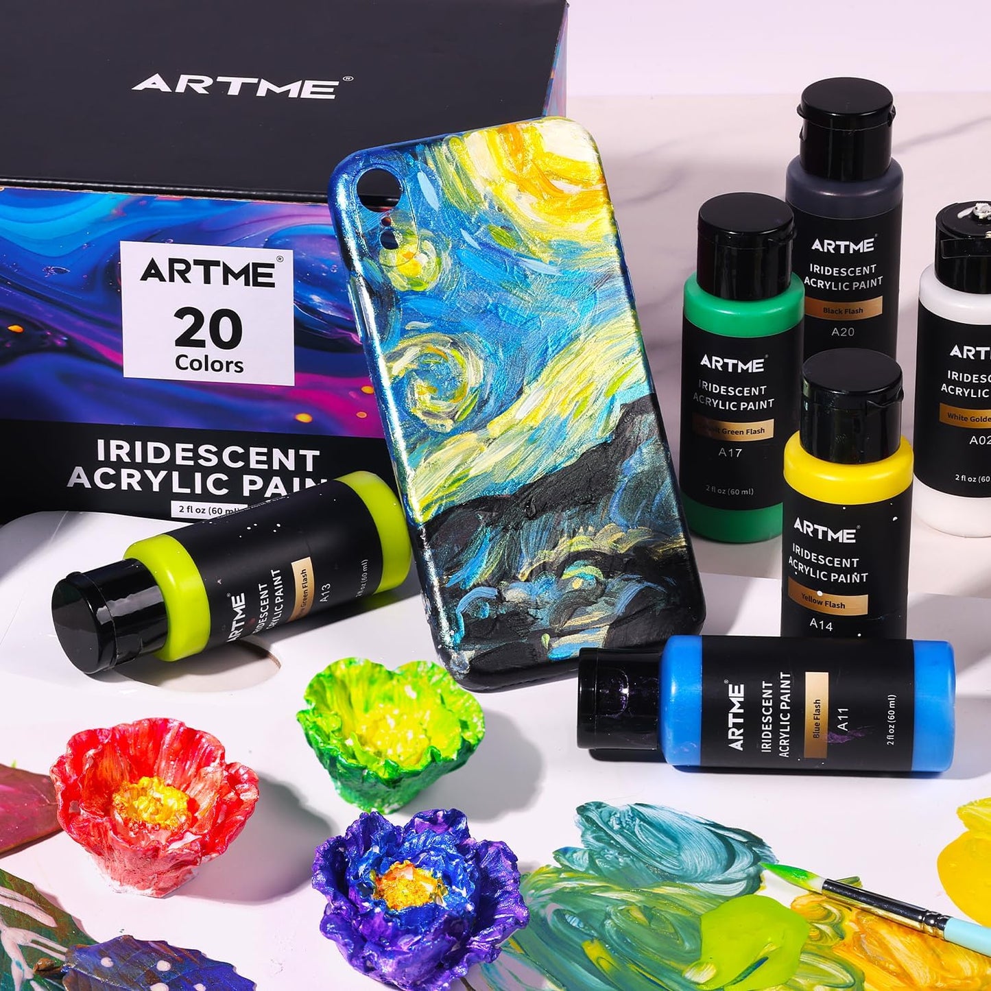 ARTME Iridescent Acrylic Paint Set, 20 Chameleon Colors in 2 oz/60ml Bottles, Color-shifting Acrylic Paint Perfect for Artists, Beginners on Canvas, Rocks, Wood, Fabric, Ceramic
