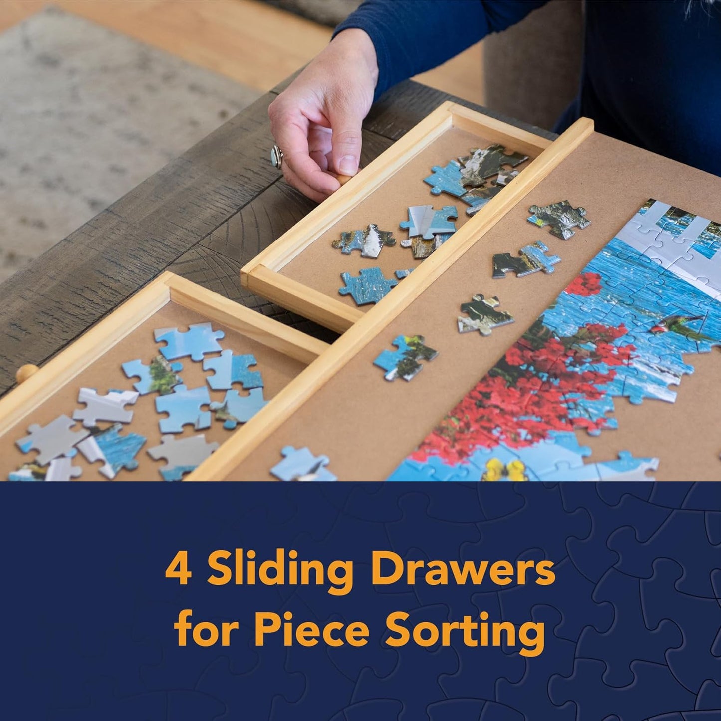 Bits and Pieces Rotating Puzzle Board with Drawers, Jigsaw Puzzle Board 1000 Pieces, 22 Inch x 30 Inch Spinning Wooden Tray Table with 4 Organizing Piece Sorting Trays, Portable, Easy Storage