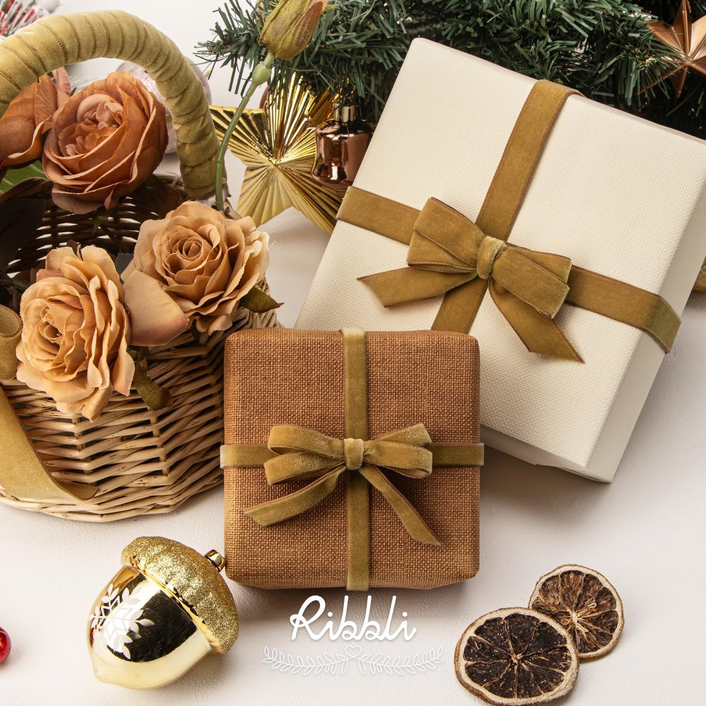 Ribbli Polyester Khaki Velvet Ribbon,5/8 Inches Continuous10-Yard Spool,Christmas Ribbon for Gift Wrapping,Floral Bouquets, Home Decor