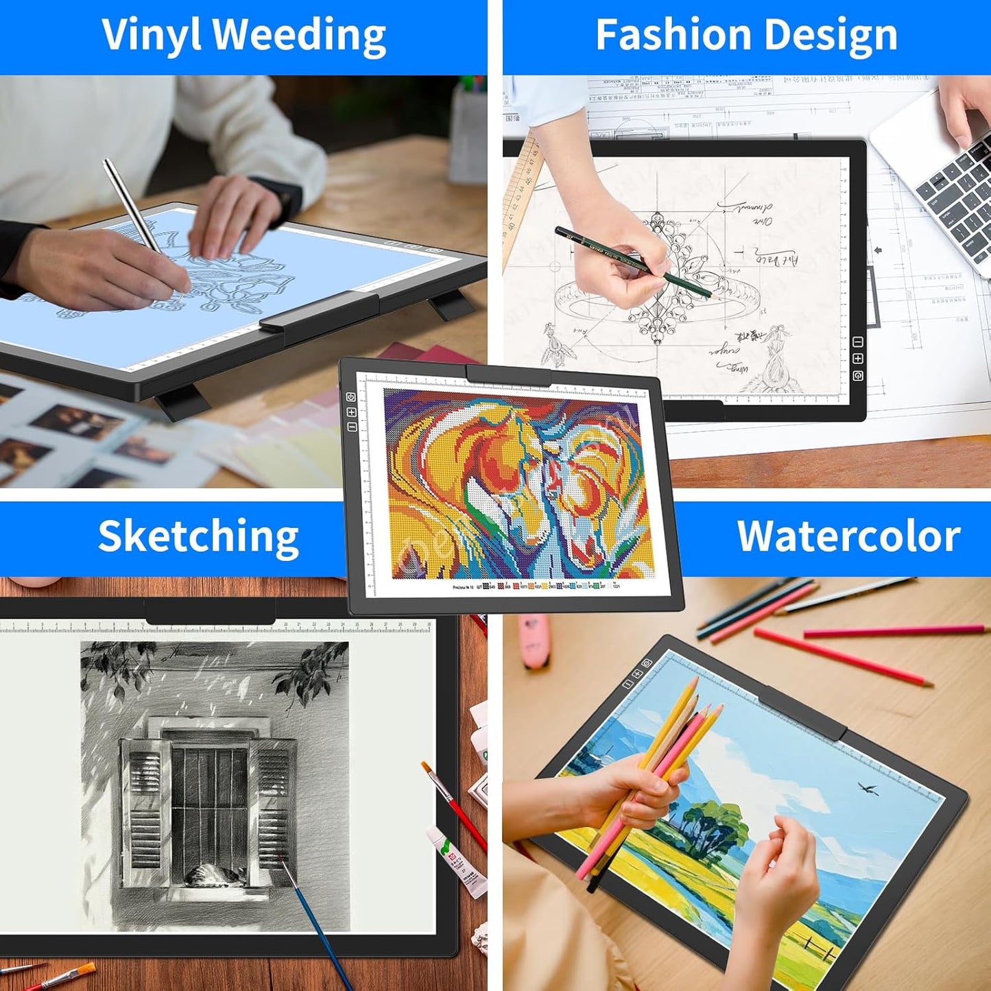 HIUKCOLED Rechargeable A4 Light Pad, Battery Powered Light Board with Carry Bag, Built-in Top Clip๏ผStand, Stepless Dimmable๏ผ6-Level Brightness Adjustable, Wireless LED Tracing Box for Weeing Vinyl