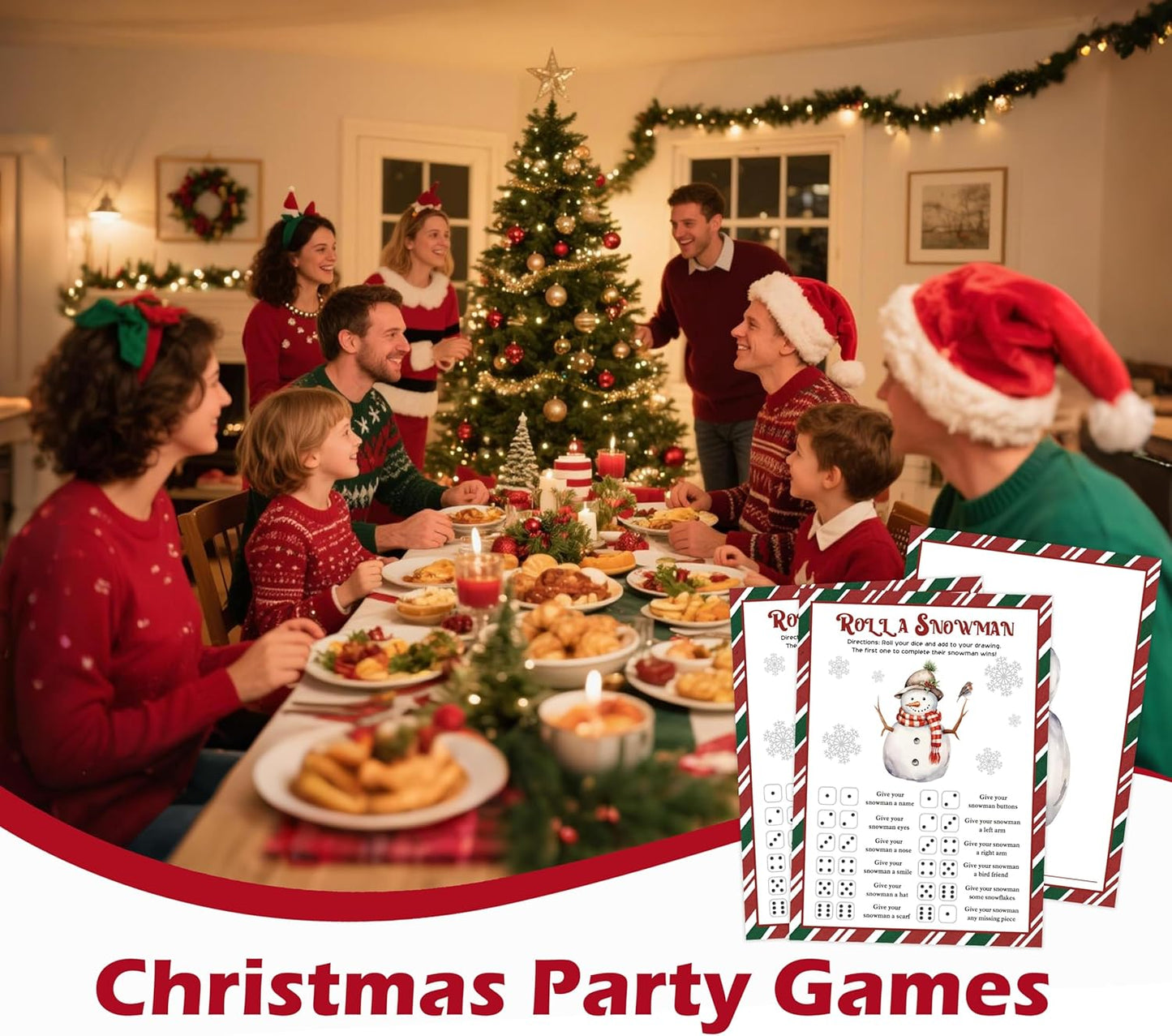 Roll A Snowman Game, Christmas Dice Games for Families & Large Groups-25 Players, Christmas Party Games for Adults, Red and Green Theme Winter Holiday Decorations White Elephant Gifts Ideas