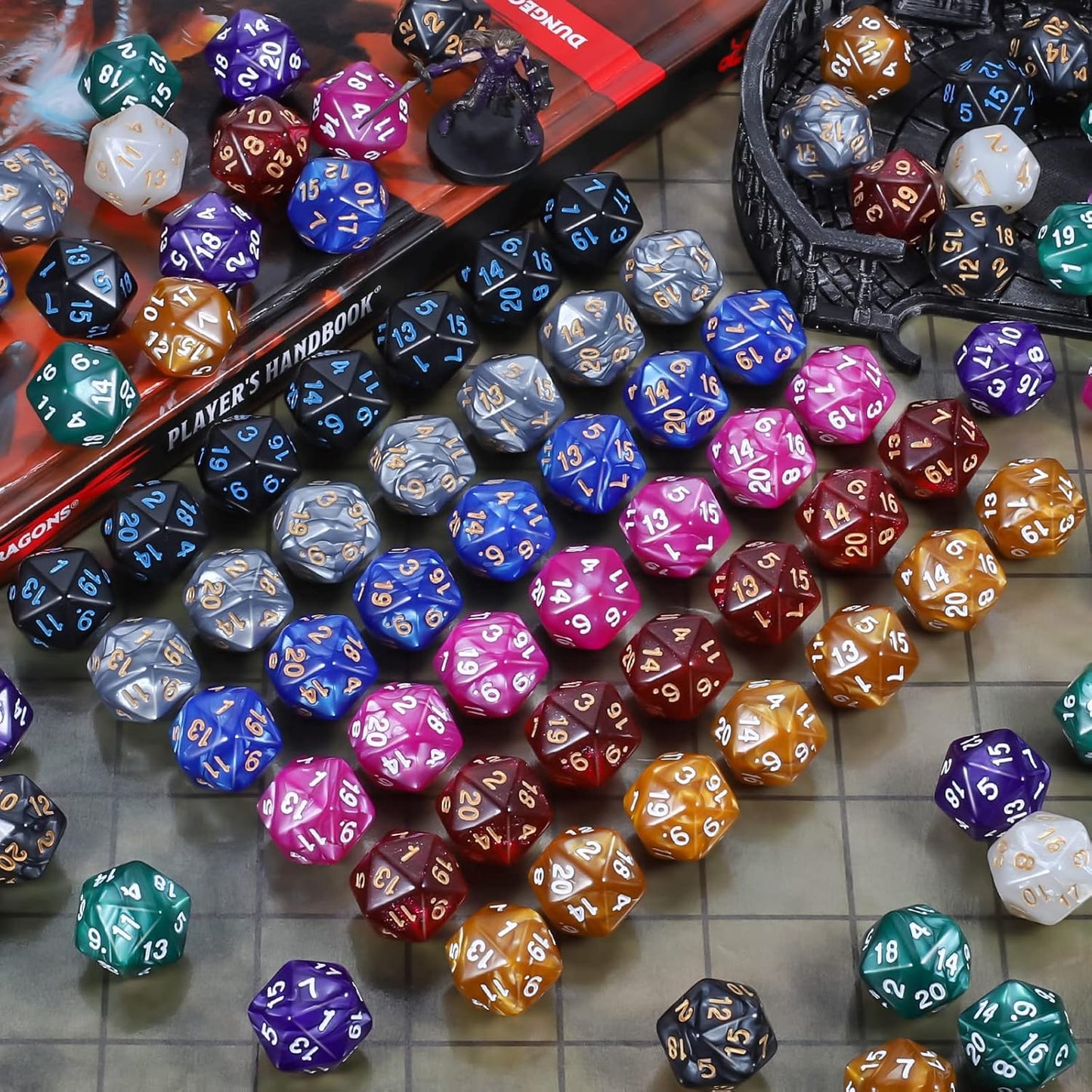 CiaraQ DND Polyhedral Dice (100pcs) with A Dice Bag Compatible with Dungeons and Dragons DND RPG MTG Role Playing Table Games (D20 dice, 10 colors-100 pcs)