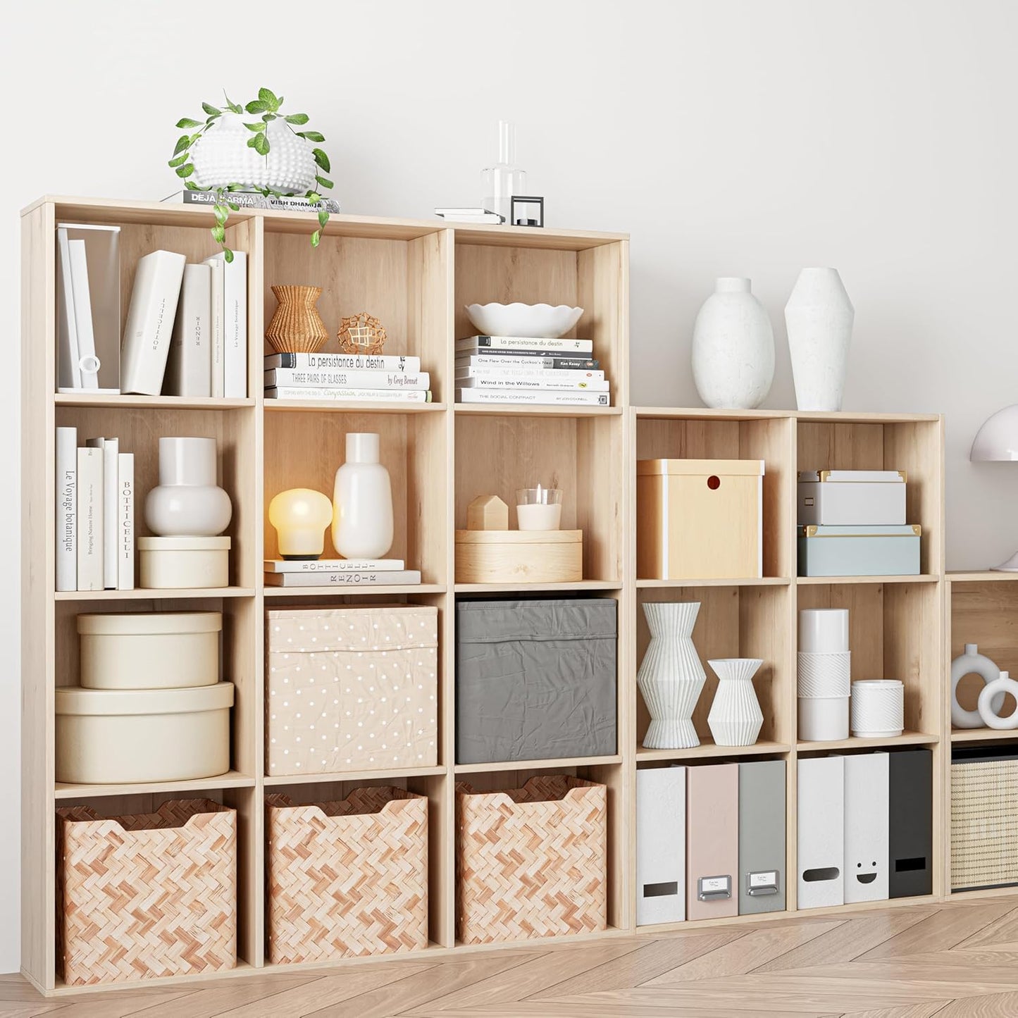 Wooden Cube Storage Organizer with Closed Back Panel, 11in Cube Shelf Opening, Bookshelf, Display Shelf,Closet Cabinet for Home and Office (White Oak, 12-Cube 35.98L*9.45W*47.72H)