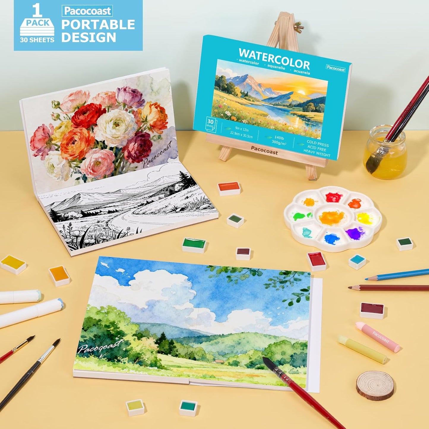 Pacocoast 5.5"x8.5" Small Watercolor Sketchbook for Kids, 30 Sheets of 140lb/300gsm Water Color Pads, Glue Bound Artist Drawing Paint Paper Book, Watercolor Notebook Journal, Teal