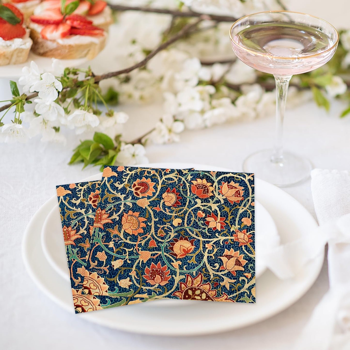 Quera 50 Pack William Morris Cocktail Napkins Vintage Floral Blue Paper Napkins Disposable Dessert Dinner Baby Shower Party Supplies Napkins Decorative -5 X 5 Inches