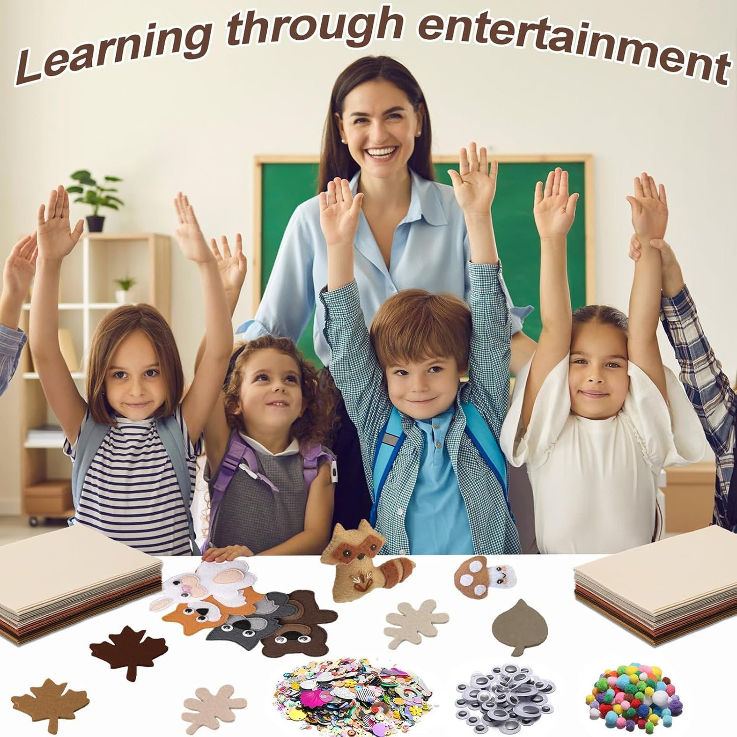 gisgfim 42Pcs Brown Felt Fabric Sheets Craft Kit 8 x 12 Inch Assorted Soft Thick Tan Felt Pack with Wiggle Google Eyes Pom Poms Glitter Patchwork Craft Supply for DlY Sewing Creative Art Project Decor