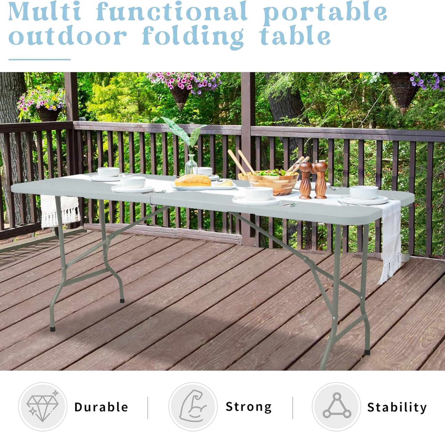 Folding Table 6 FT Camping Table Portable Plastic Rectangular Outdoor Dining Table Steel Legs Fold-in-Half with Carrying Handle for Indoor,Picnic,Party,Wedding,Events(Grey)