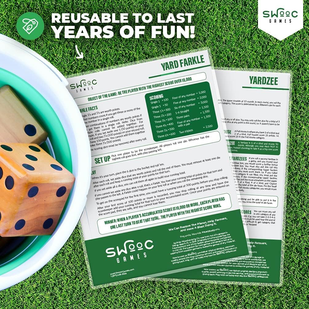 SWOOC Games® - 5 Big Premium Laminated Yardzee & Farkle Score Cards (11.5in x 8in) with Rules - Large Reusable Dry Erase Pads for Giant Outdoor Dice
