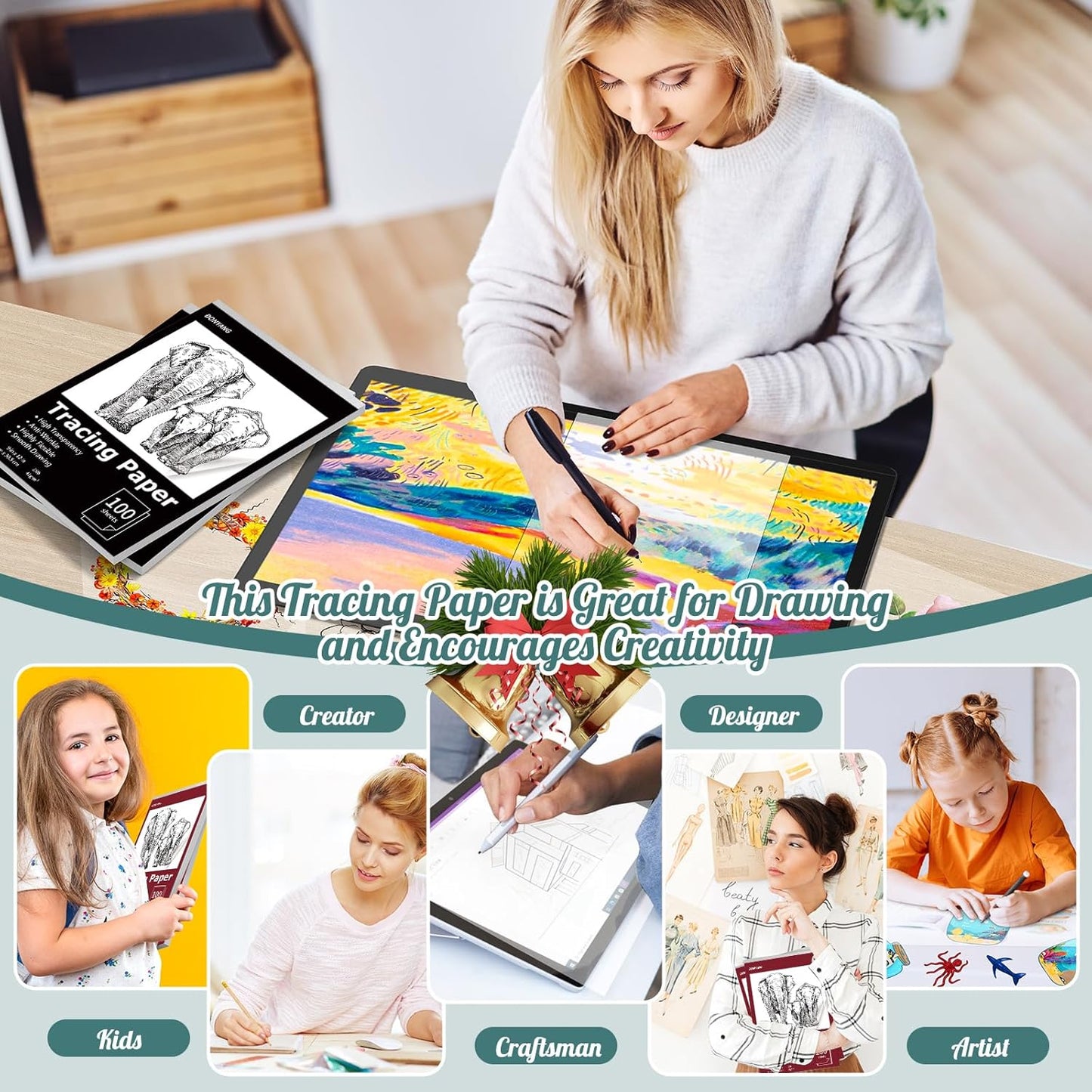 Tracing Paper 9"x12", 100 Sheets Transparent Vellum Paper for Tracing Pads, Christmas Birthday Gifts for Adults Teens, 25lb/41gsm Translucent Tracing Paper for Sketching, Drawing, Black