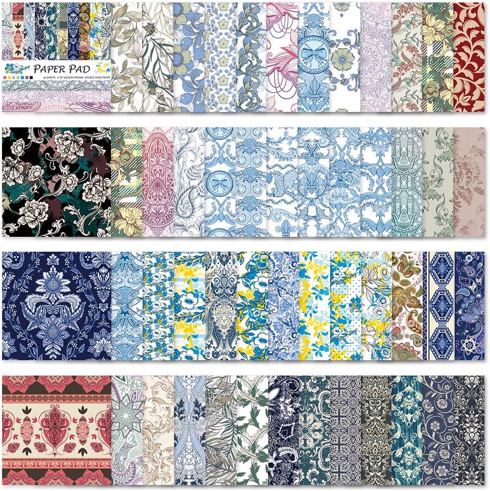 Square Origami Paper 6x6 Double Sided 50 Sheets 50 Colors 70GSM Origami Kit Japanese Chiyo Easy Fold Arts Crafts DIY Handwork Beginner Baroque