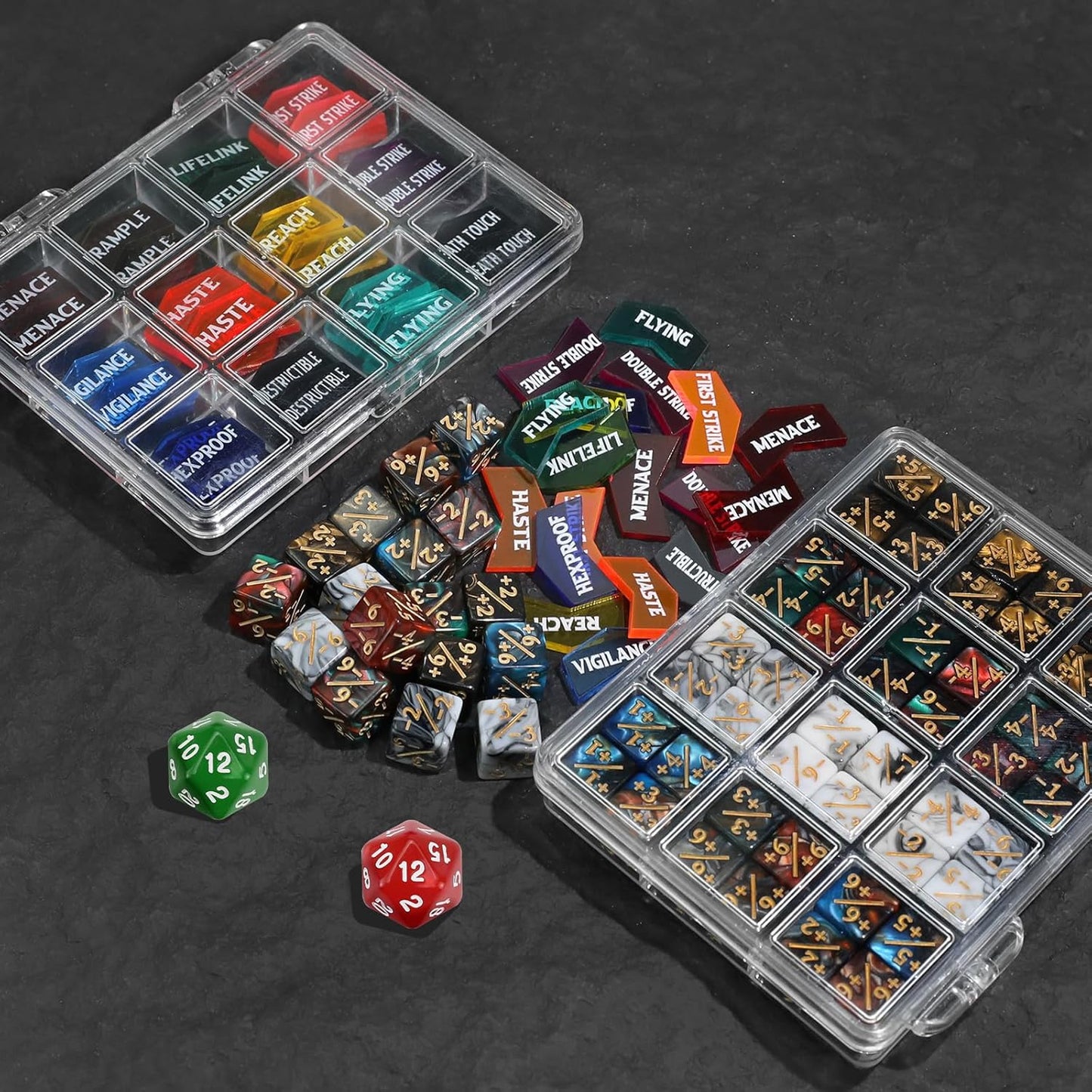 110PCS MTG Tokens & 12mm Magic Counter +1/+1 MTG Dice Set, Buff Ability Keywords Tokens Life Counters 6 Sided Dice, Compatible with Magic The Gatering CCG TCG Magic Card Game Accessories