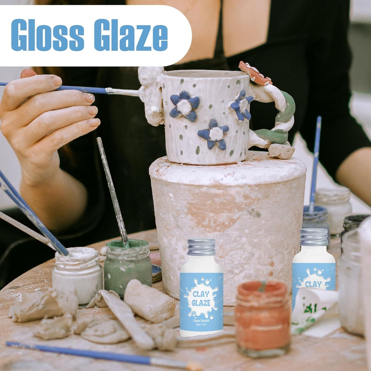 50ml Air Dry Clay Varnish,Air Dry Clay Sealant for Airdry Clay,Air Dry Clay Glaze Can Not Only Used to Prevent Clay Cracking, Scratches, and Wear,It Can Also Having a Glossy Glaze Effect (Gloss)