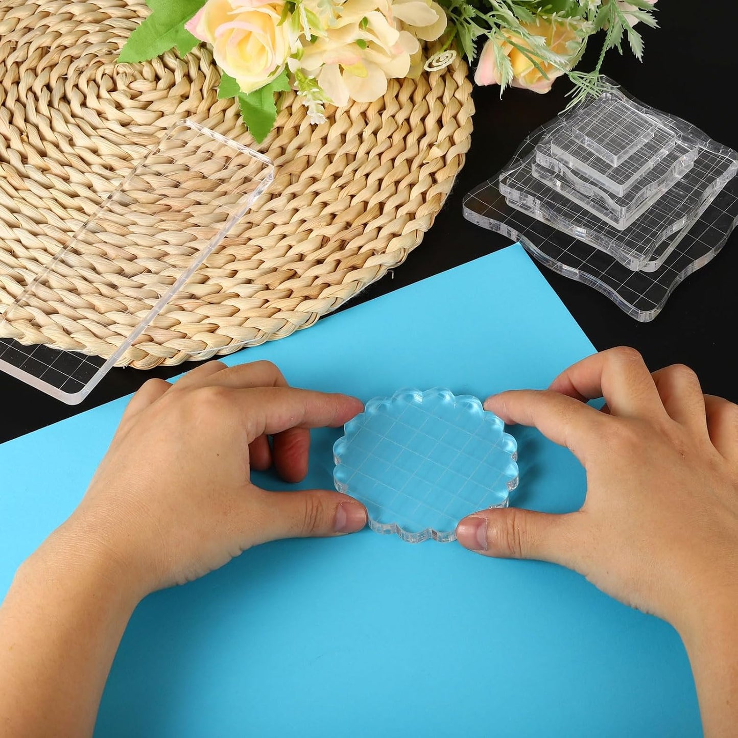 PATIKIL 6" x 3" Acrylic Stamp Block, Clear Stamping Block with Grid Lines Decorative Mounting Blocks Square for Scrapbooking DIY Crafts Card Making