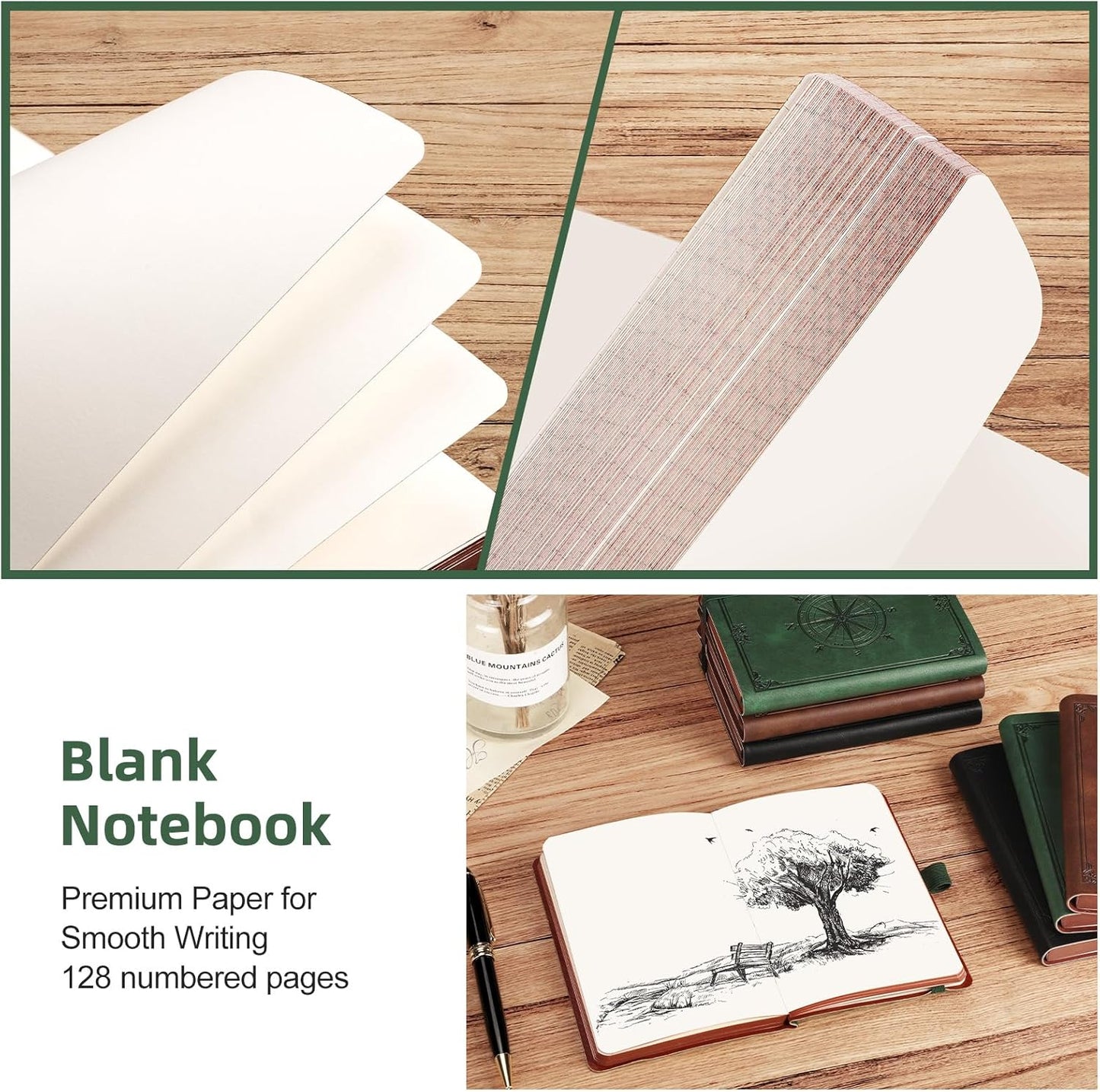 AHGXG Small Blank Pocket Journal Notebook for Men - 256 Numbered Pages B6 Mini Journal, Vintage Soft Leather Hardcover, 80gsm Paper, for Women Work Office School, 4.1'' X 5.7''- Dark Green