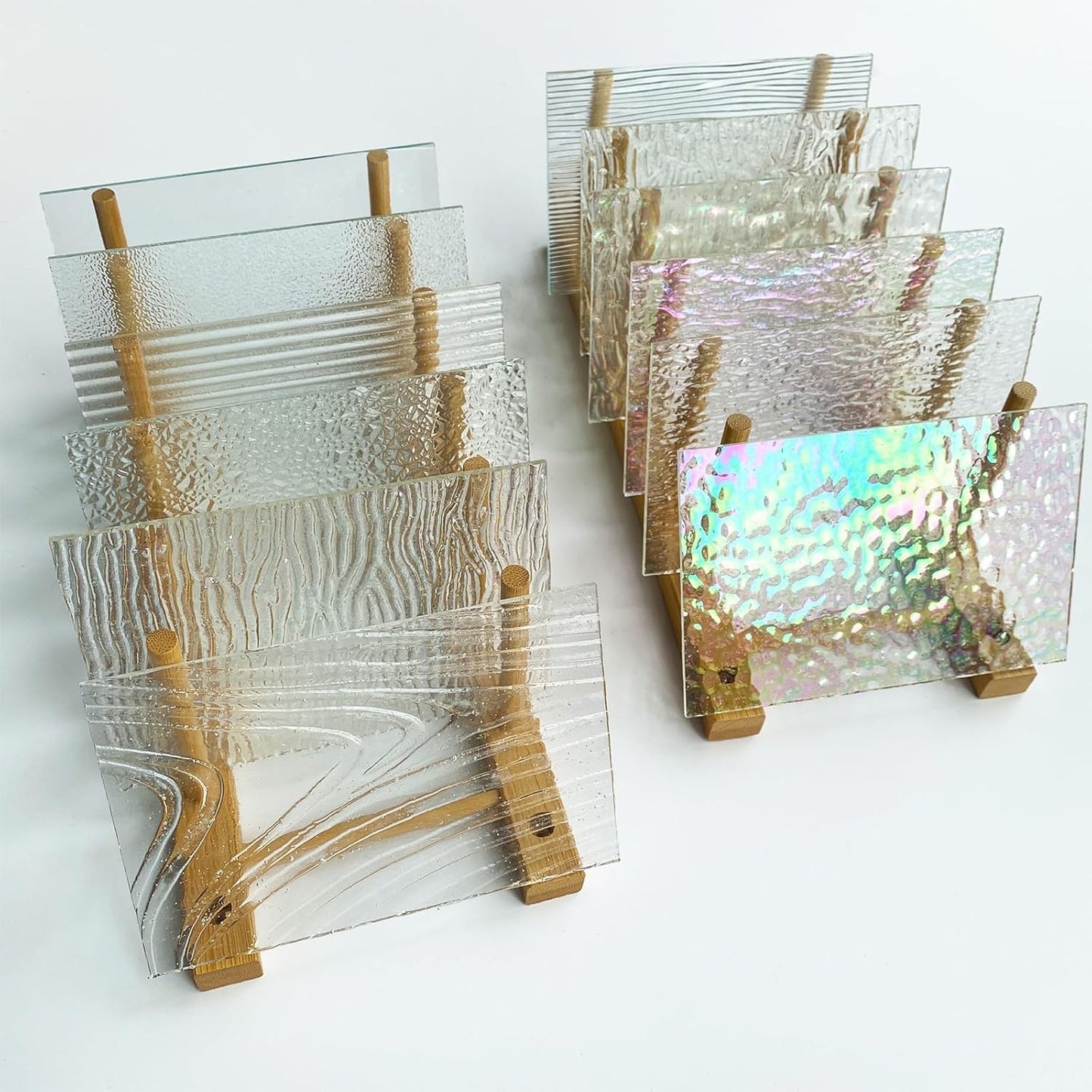 ILLUCKAI 12 Sheets Clear Textured Stained Glass Sheet, 4 x 6 inch Rainbow Iridescent Cathedral Art Glass Variety Textures, Stained Glass Supplies for Stained Glass Projects and Mosaic Crafts