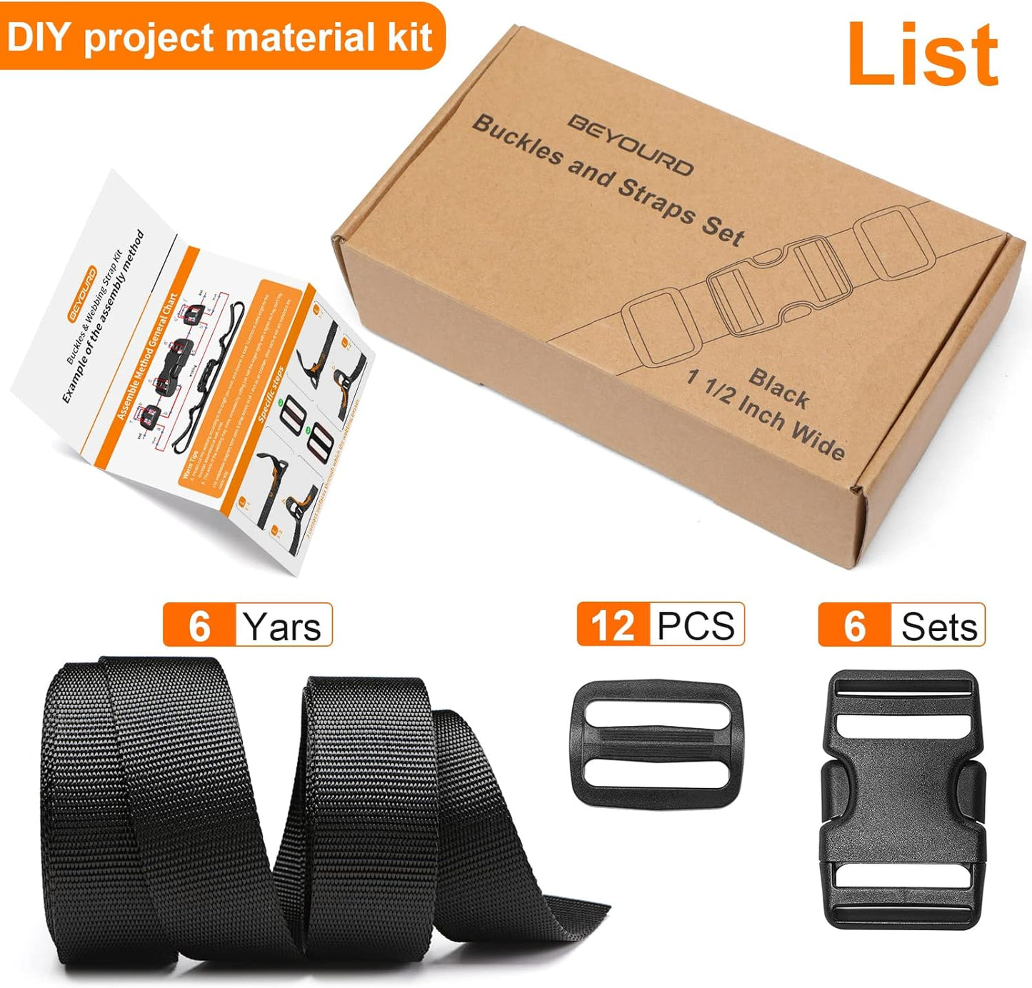 Heavy-Duty Buckles and Strap Set 1-1/2": 6 Yards of Thick Nylon Webbing, 6-Pack Adjustable Quick Side Release Plastic Buckles, 12 Tri-Glide Slide Clips, Black (1-1/2" Combo Set)