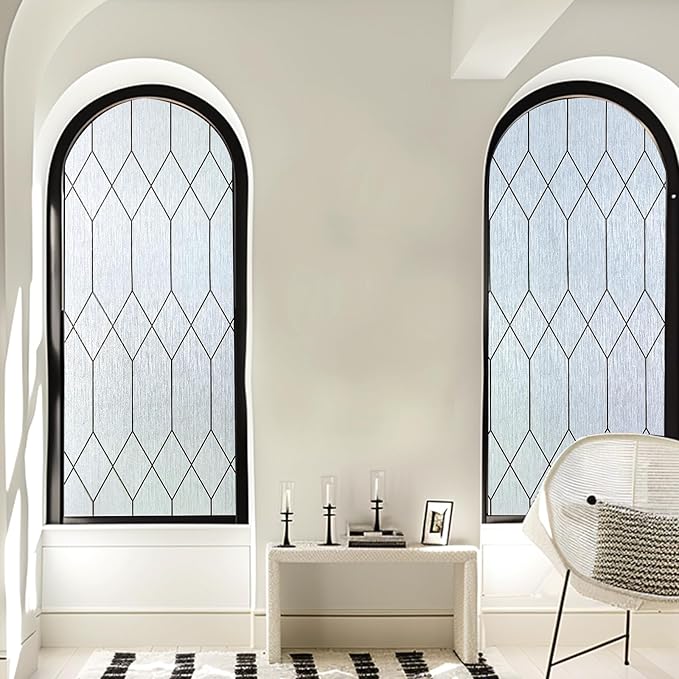 Windimiley Window Privacy Film Stained Glass Static Clings, Bathroom Frosted Leaded Decorative Window Stickers, UV Heat Blocking Opaque Removable for Home Door Coverings (35.4 x 118.17in,Rain)