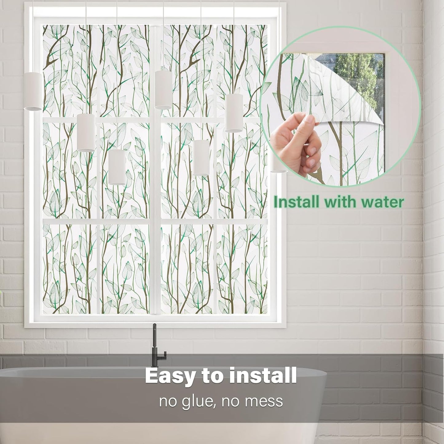 Donox Frosted Glass Window Film Heat Control UV Blocking, Static Cling Reusable Home Bathroom Door Window Privacy Film, Green Leaf Pattern Window Covering with Installation Tool, 23.6 in x 13.1 feet