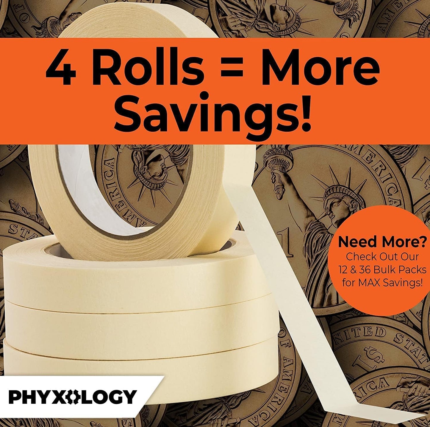 3/4 in Pro-Grade Masking Tape. 60 Yard Roll 4 Pack = 240 Yards of Multi-Use, Easy Tear Removable Tape. Great for Labeling, Painting, Packing and More. Adhesive Leaves No Residue!