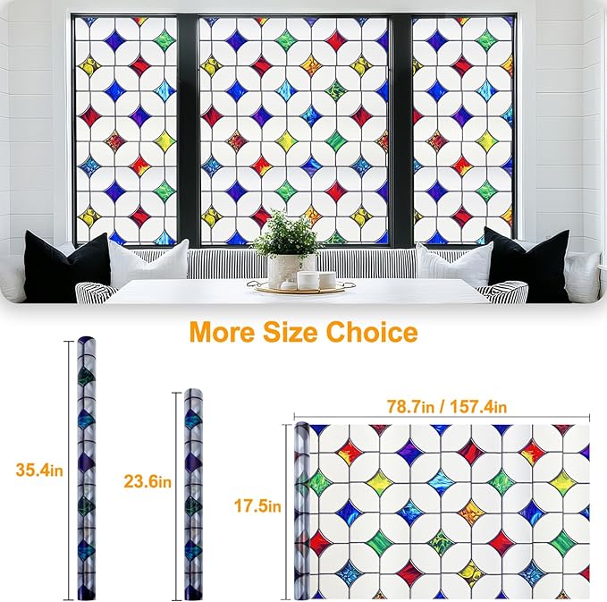Stained Glass Window Film - Non-Adhesive Colorful Privacy Film | Privacy Protection, Reusable & Renter Friendly | Perfect for Bedroom/Bathroom Room Decor (Frosted Mosaic, 35.4 X 78.7 in)
