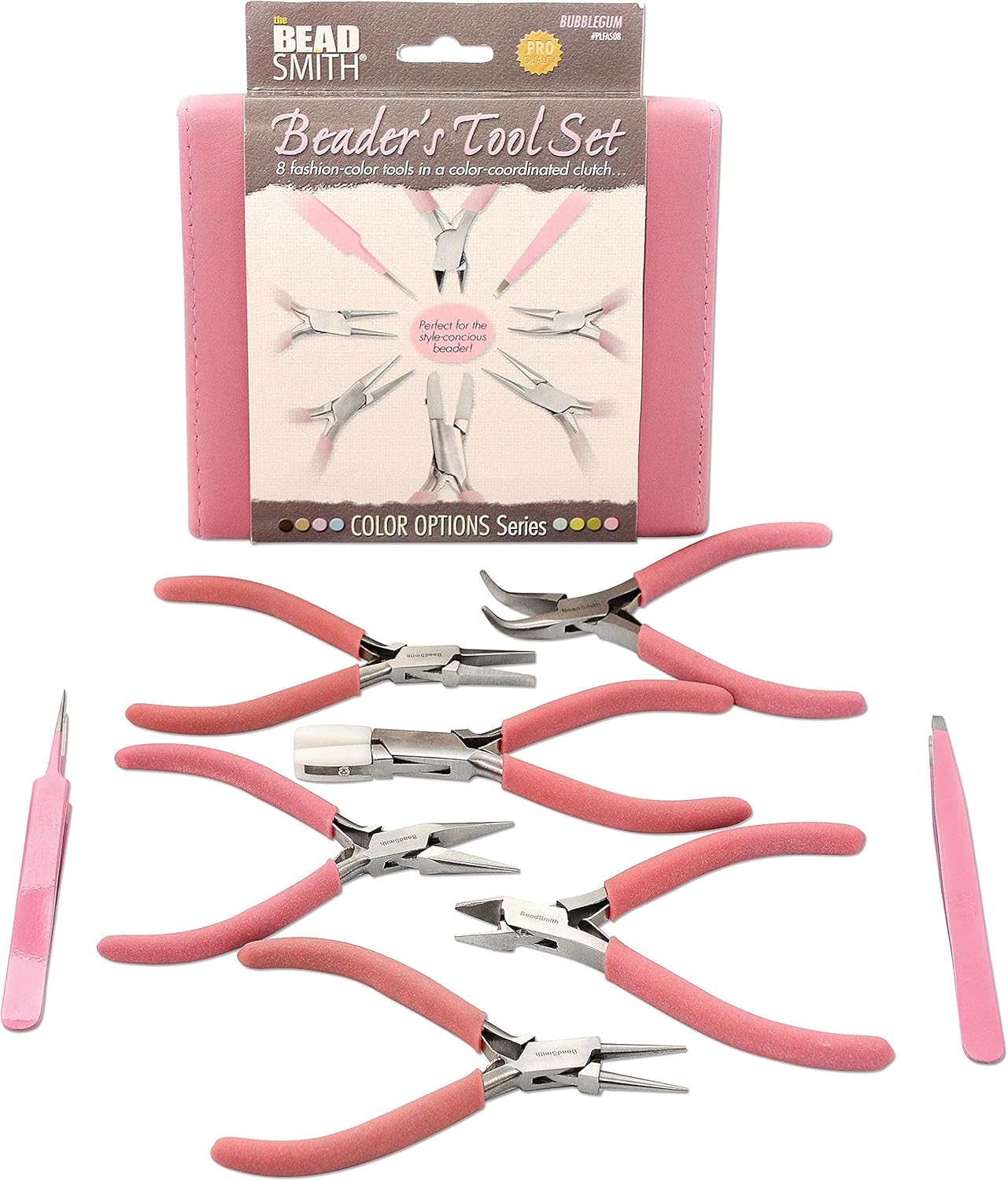The Beadsmith Fashion Color Pliers – Set of 8 Slimline Color-Coordinated Tools – Matching Clutch in Bubblegum – Jewelry Making Supply Kit to Create Necklaces, Bracelets, Earrings & More