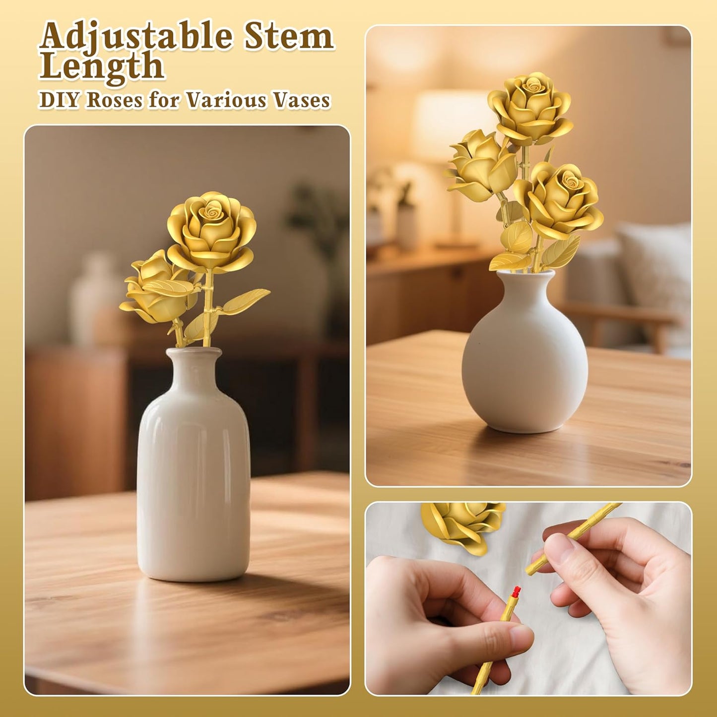 Gold Roses Flower Building Set - 3 Roses Bouquet Botanical Building Blocks for Adult, Home Decor Romantic Anniversary Valentine's Day Gift for Her, Wife, Girlfriend, Mom