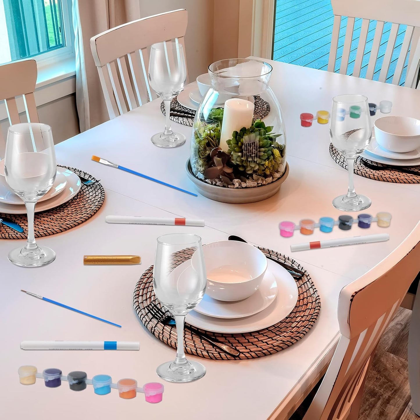 WJXCYGG 6 Sets Paint Your Own Wine Glass Set 6 Wine Glass 36 Glass Painting Acrylic Paint Strips 2 Glass Liner Pen 12 Markers with 12 Brushes and 6 Palette for Adults Lady Night Couple(High Feet)
