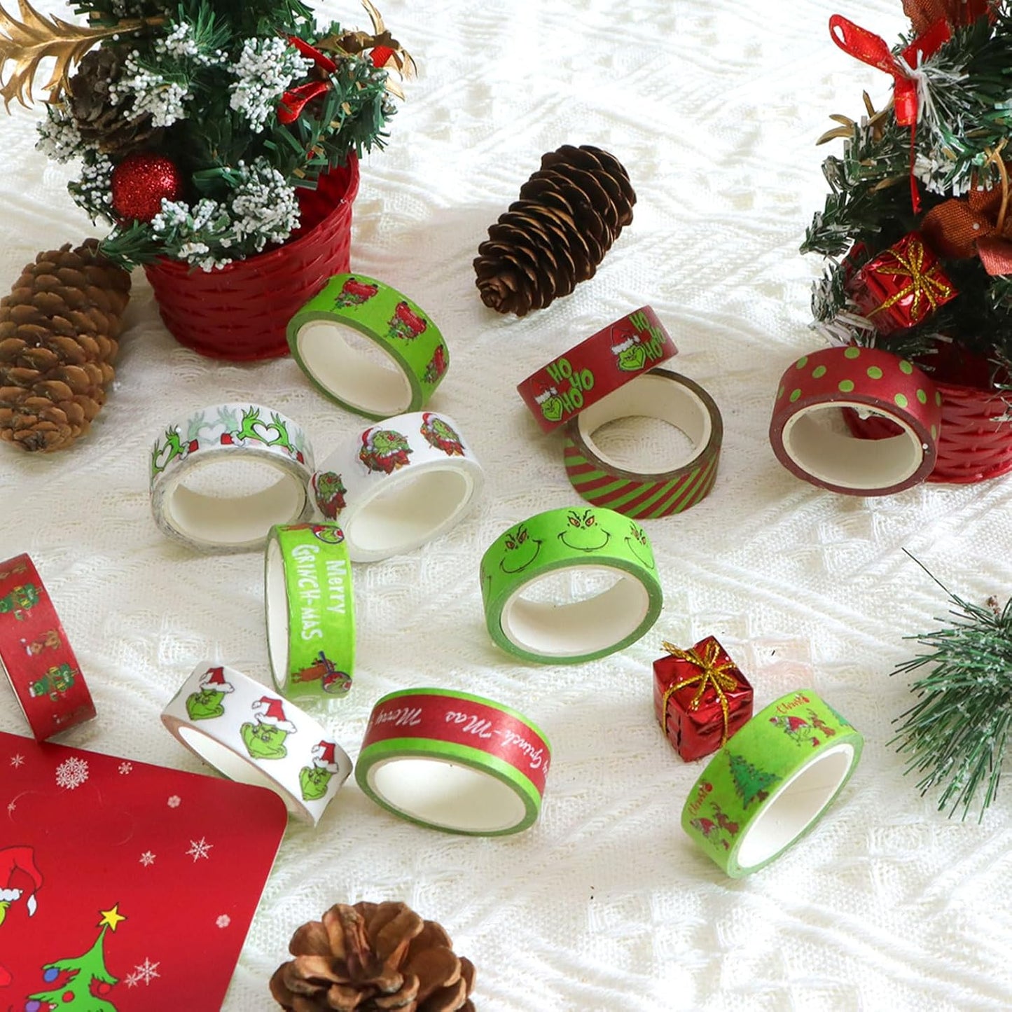 12 Rolls Christmas Washi Tape - Festive Cartoon Characters, Green & Red Xmas Decorative Masking Tape for Scrapbooking, Journals, Calendars, DIY Crafts & Gift Wrapping (16.4ft x 0.6")"