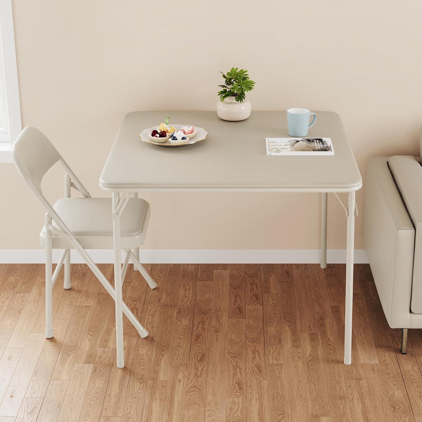 Folding Card Table, 34 Inch Portable Square Game Table with Collapsible Legs, Multifunctional Foladable Table with PU Padded Tabletop for Home, Parties, Picnics, Games, 1 Piece, Beige