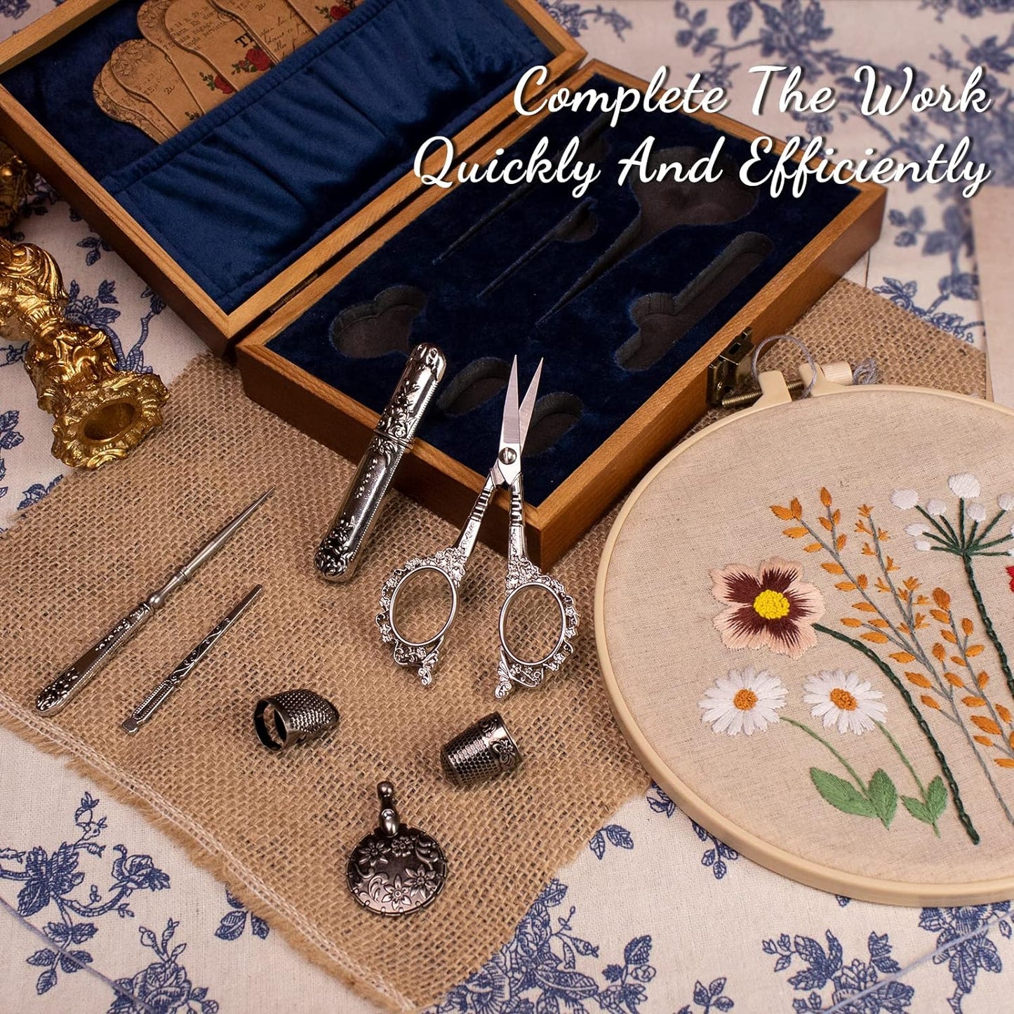 Vintage Embroidery Scissors Kit, Victorian Needlework Gift Set with Antique Shear, Thread Cutter, Thimbles, Needles, Awl, Bodkin, Winding Board for Sewing, Knitting, Cross Stitch, Quilting