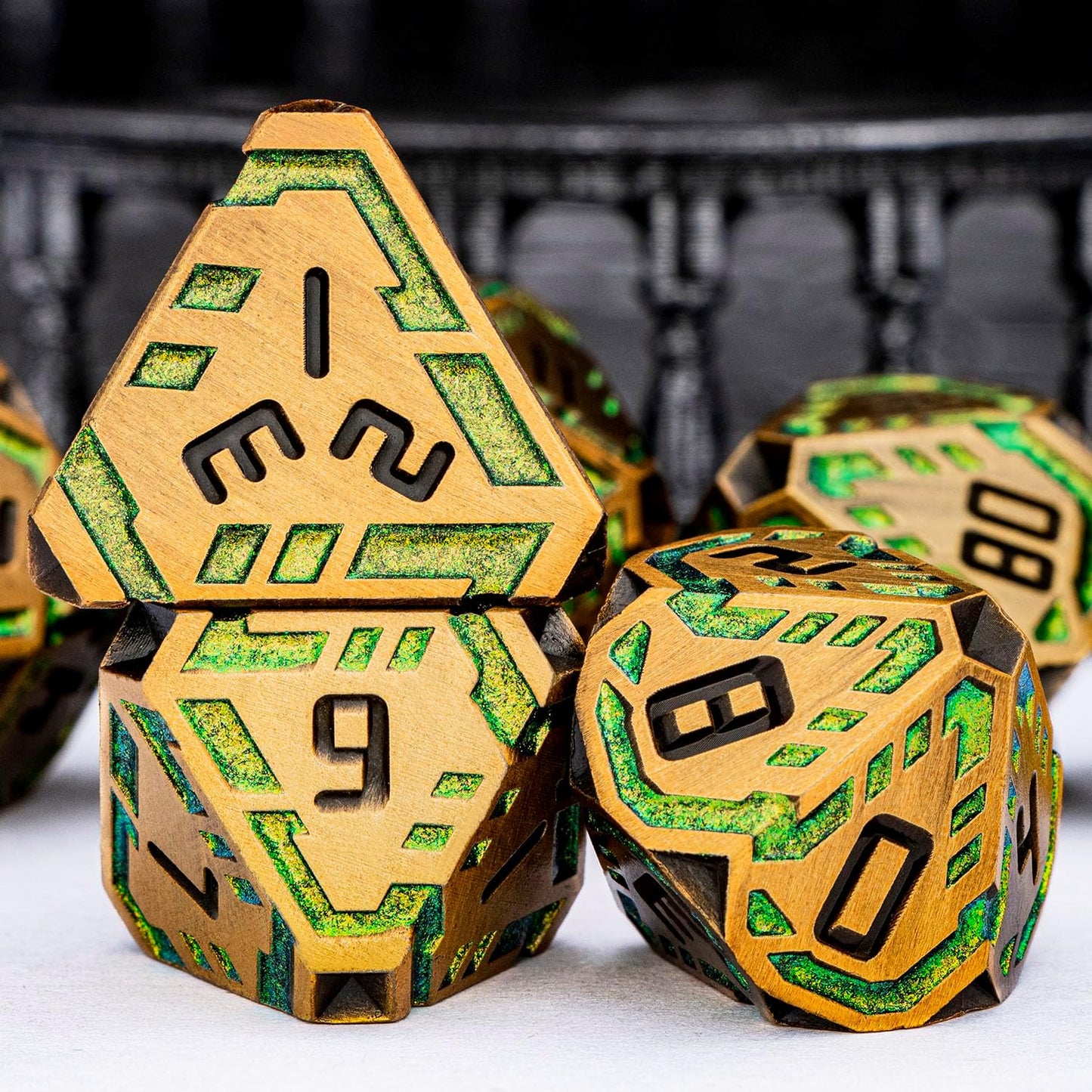 Metal DND Sci-fi Dice Set 7PCS Stripe Polyhedral Dice for Dungeons Dragons RPG Role Playing Game, Glitter D and D Dice with Gift Box D6 D8 D10 D12 D20 (Yellow Green)
