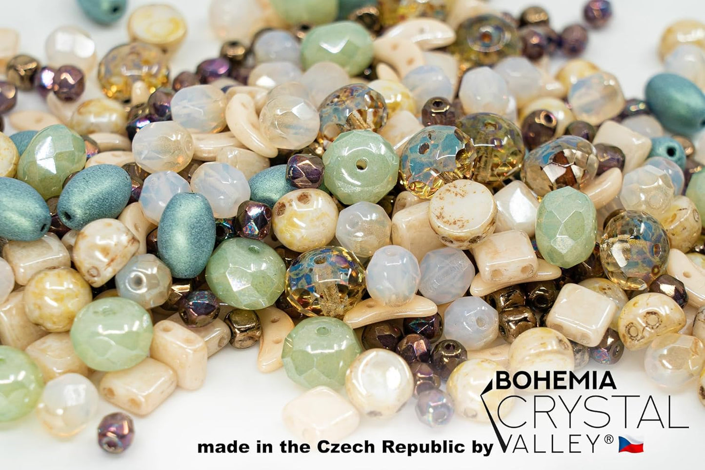 2.1oz (60 g) Mix of Unique Czech Bohemia Glass Pressed Beads, Matte and Glossy, Hand Made, Beige Blue Luster