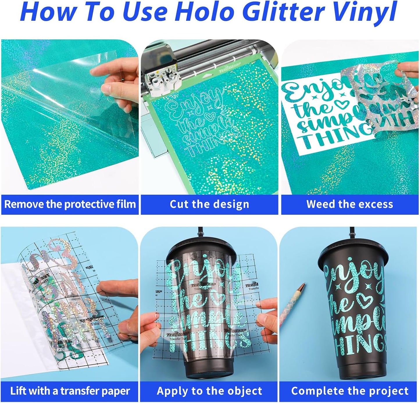 GIRAFVINYL Holographic Glitter Permanent Vinyl Bundle, 9 Assorted Colors 12-Inch Sheets, Glitter Vinyl Permanent Self-Adhesive Durable for Indoor/Outdoor Crafts, Easy to Cut/Weed with Protective Film