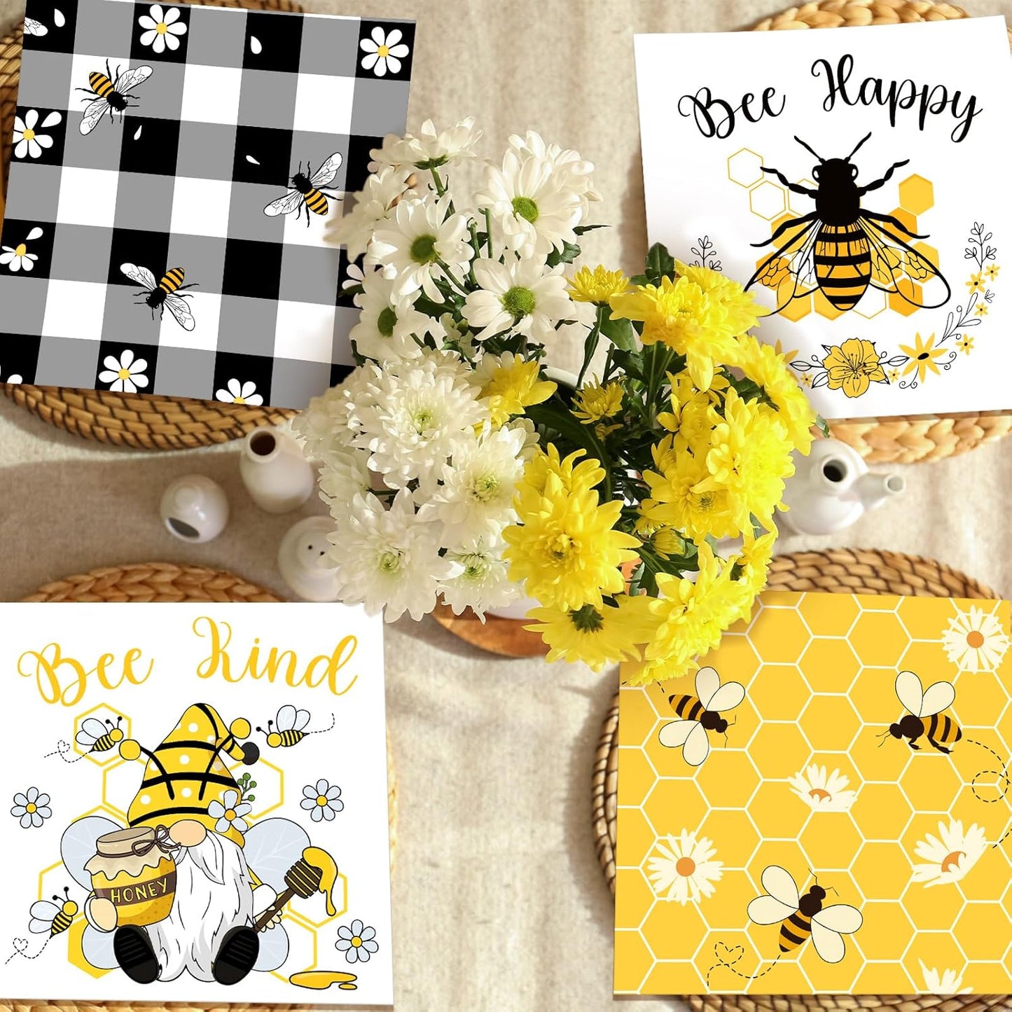 Fulmoon 200 Pieces Summer Bee Cocktail Napkins Disposable Decorative Decoupage Beverage Paper Napkins Bulk Dessert Towel for Summer Tea Party Dinner