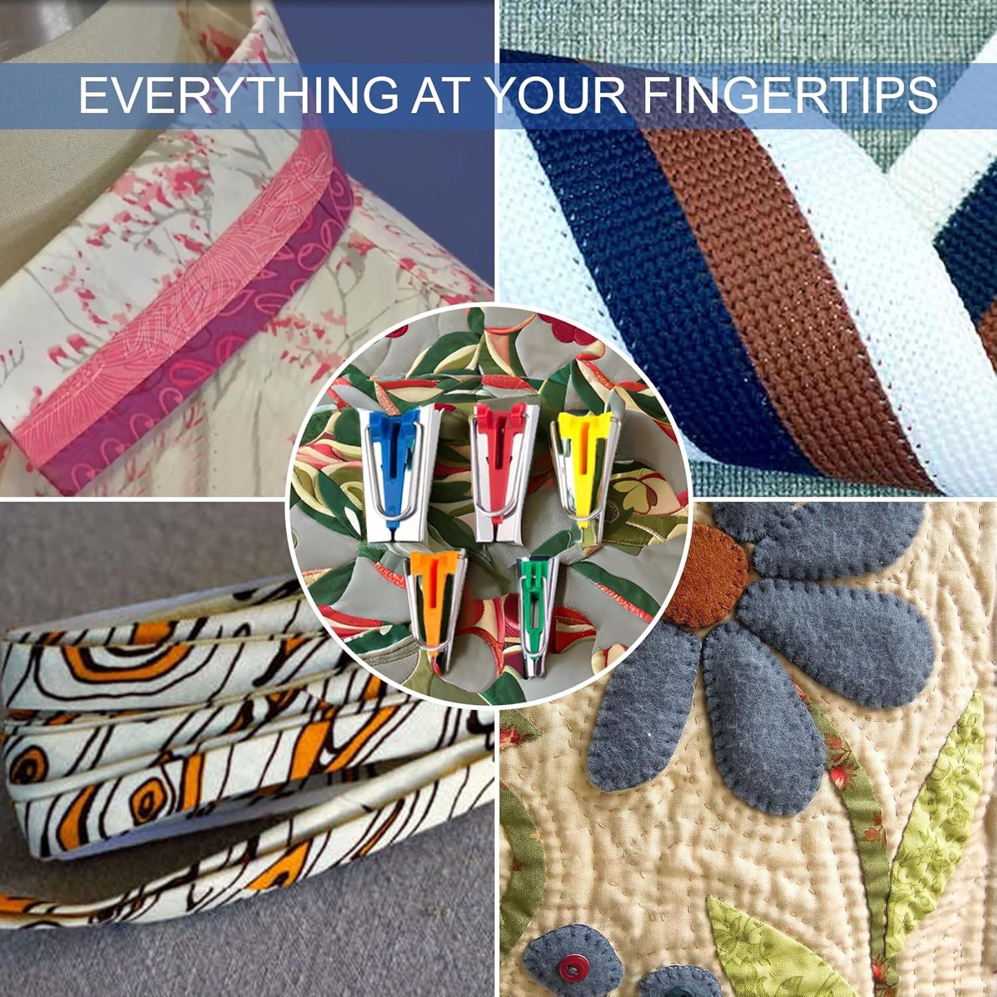 Jeimier 5 Sizes Bias Tape Makers, Upgraded Bias Binding Tape Making Tool for Fabric Quilting Sewing, Quickly Customize, Solidly Bias Quilting Tool, 1/4IN 3/8IN 1/2IN 3/4IN 1IN